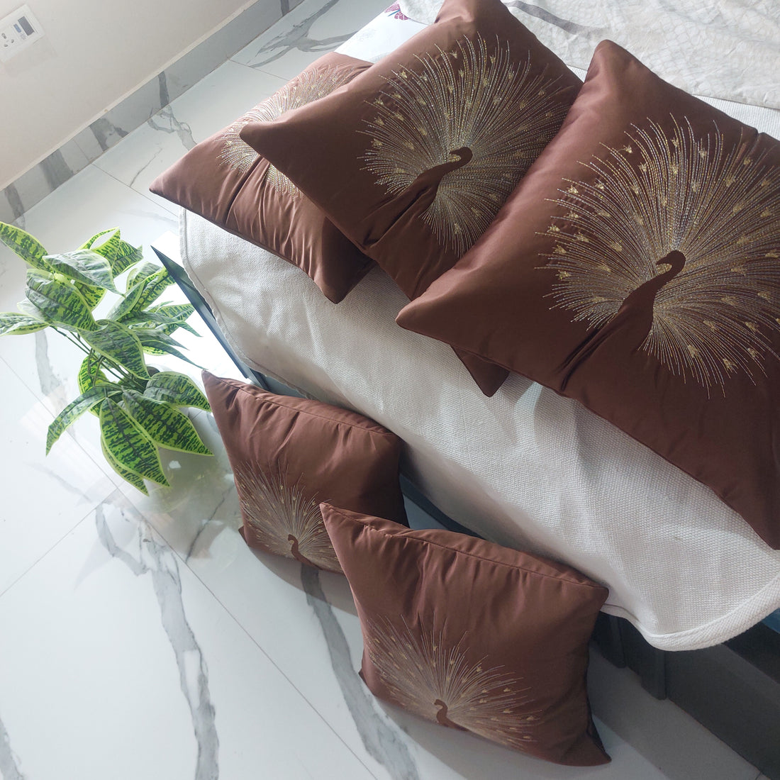 Peacock Embroidered Luxury satin - Set of 5 Cushion Covers