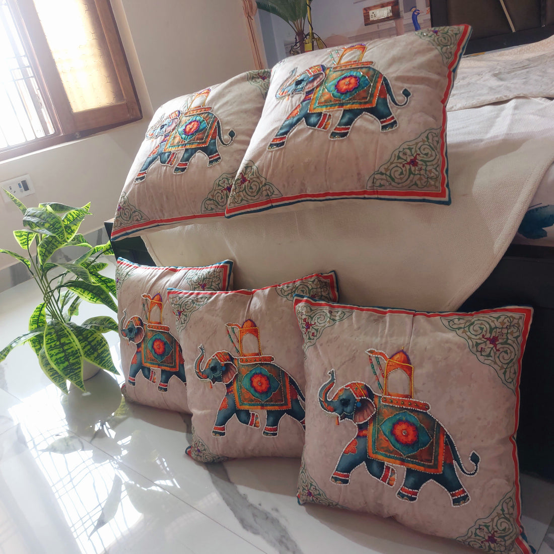 Pearl Embroidered Royal Elephant - Set of 5 Seude Cushion Covers