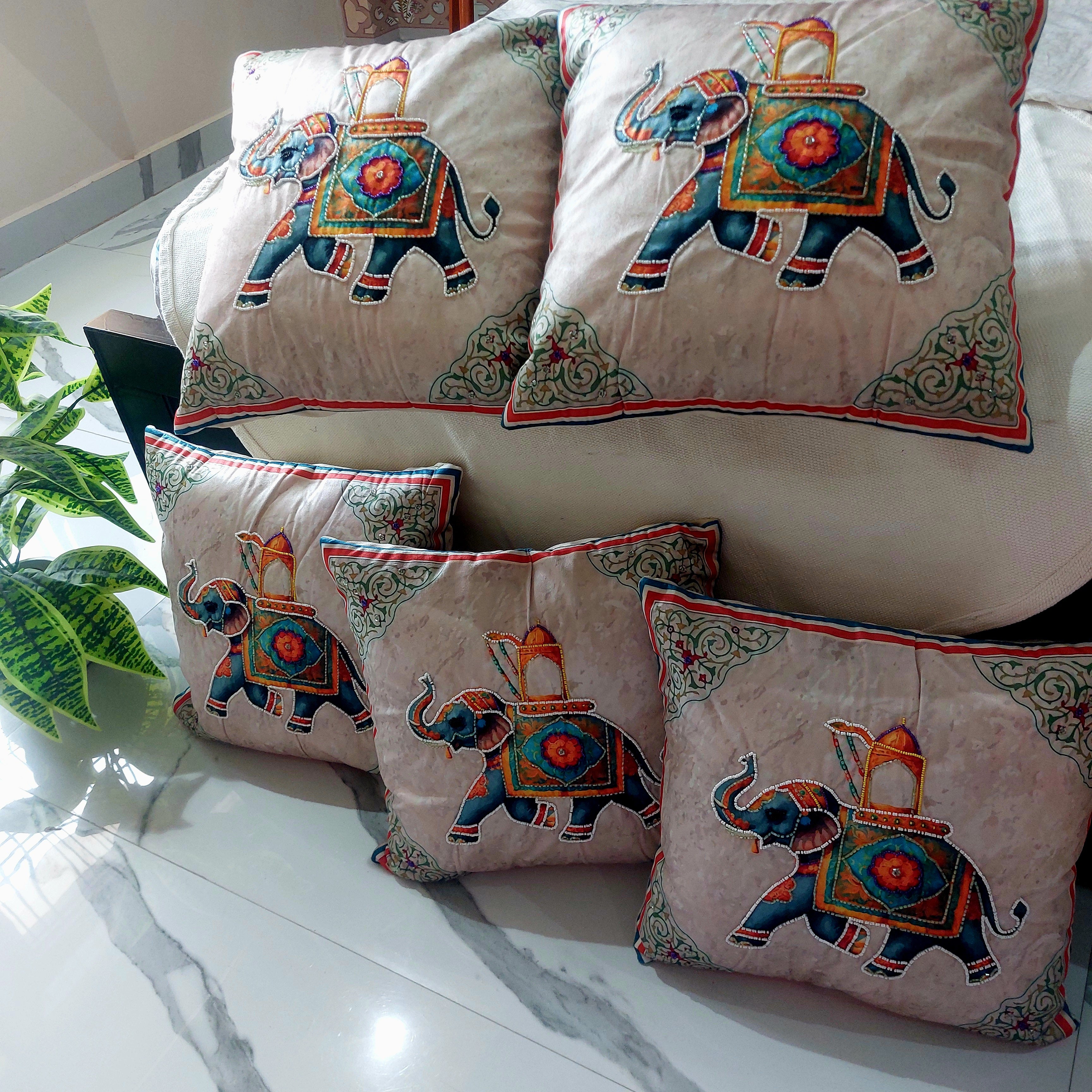 Pearl Embroidered Royal Elephant - Set of 5 Seude Cushion Covers