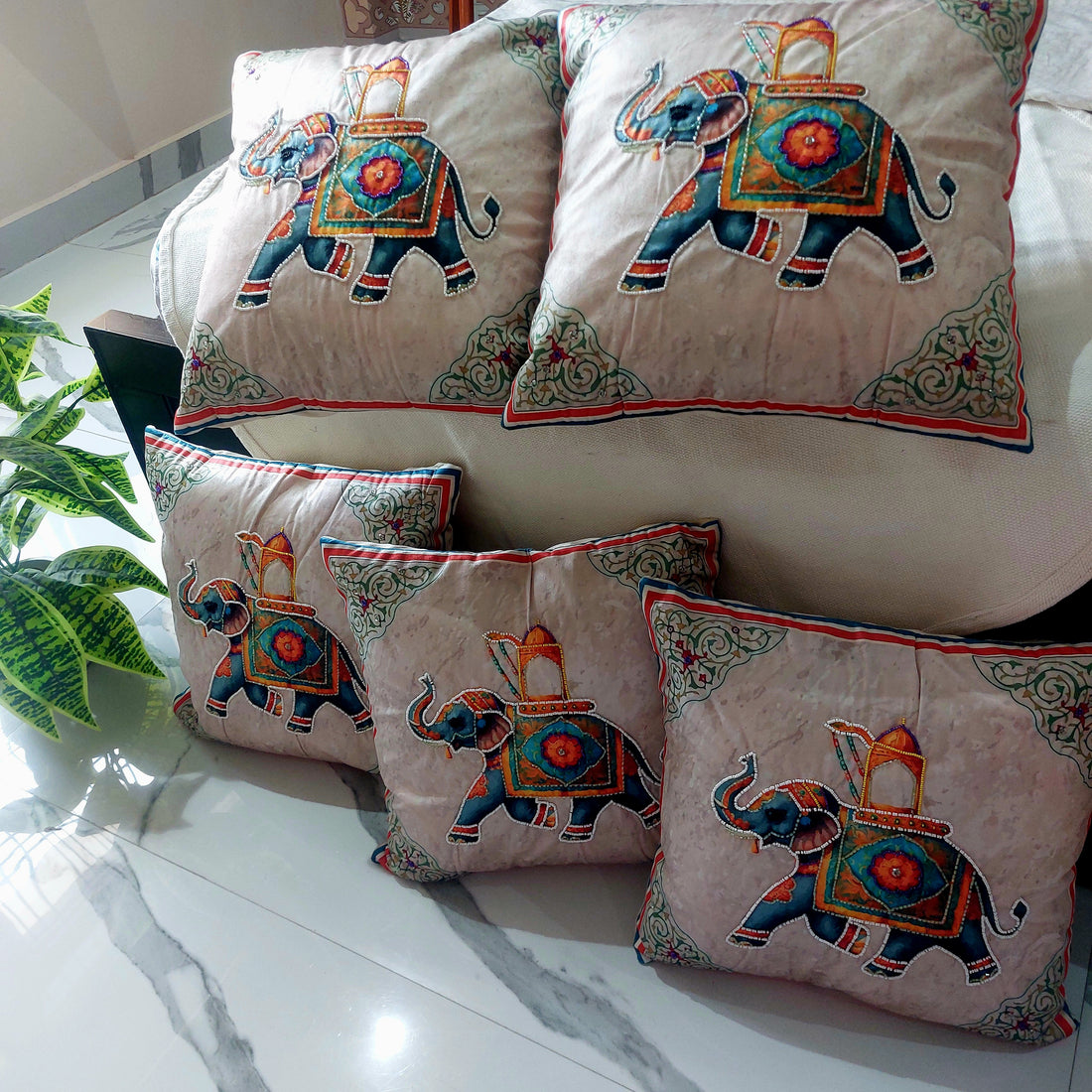 Pearl Embroidered Royal Elephant - Set of 5 Seude Cushion Covers