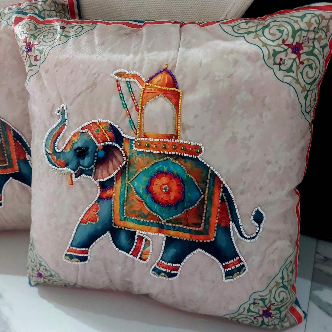 Pearl Embroidered Royal Elephant - Set of 5 Seude Cushion Covers