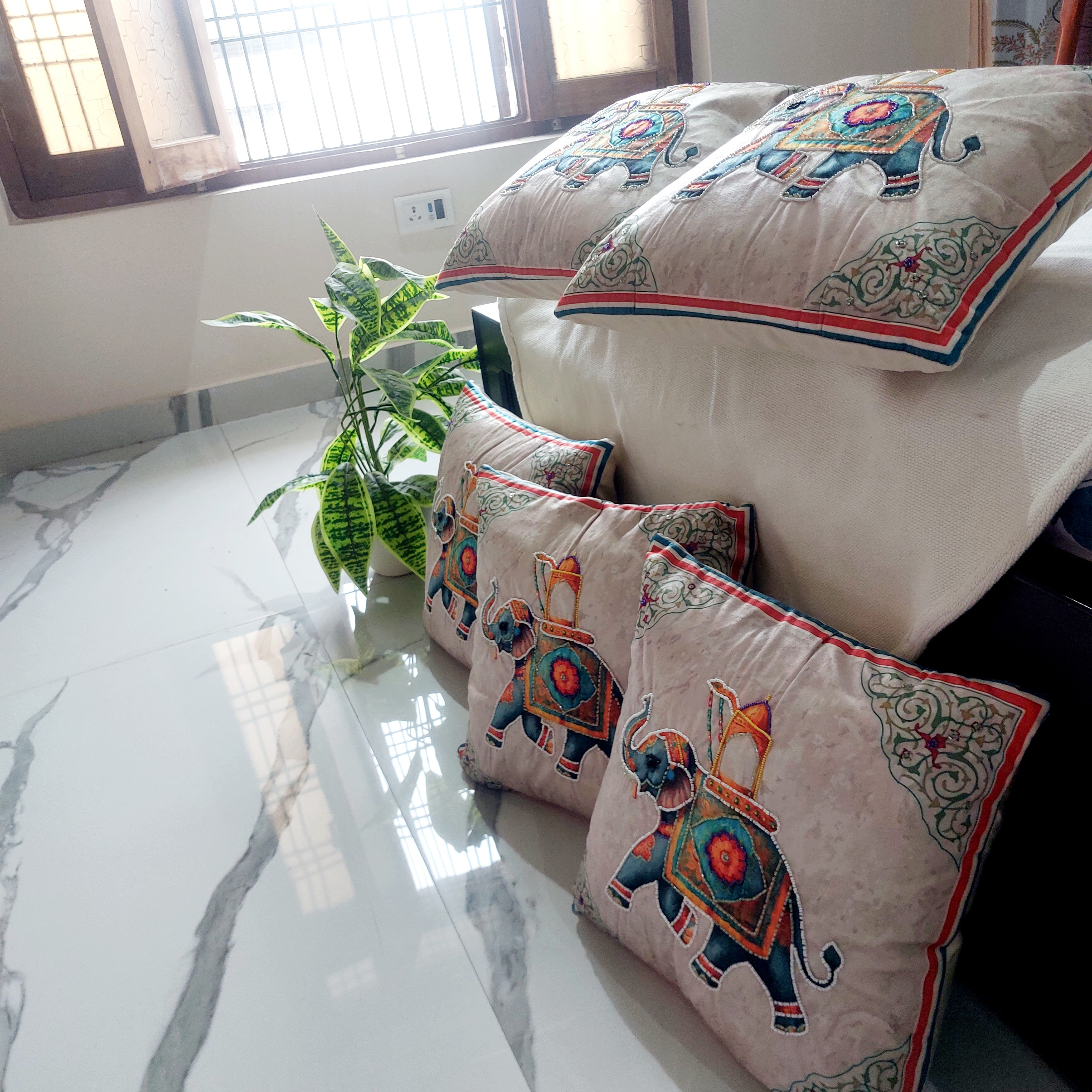 Pearl Embroidered Royal Elephant - Set of 5 Seude Cushion Covers