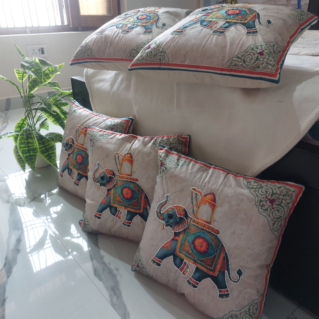 Pearl Embroidered Royal Elephant - Set of 5 Seude Cushion Covers
