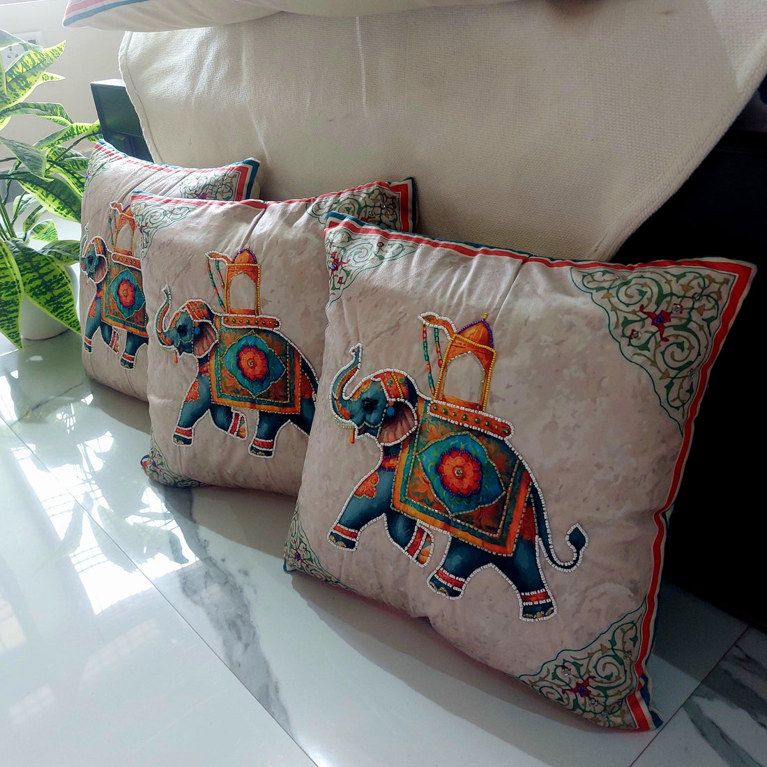 Pearl Embroidered Royal Elephant - Set of 5 Seude Cushion Covers