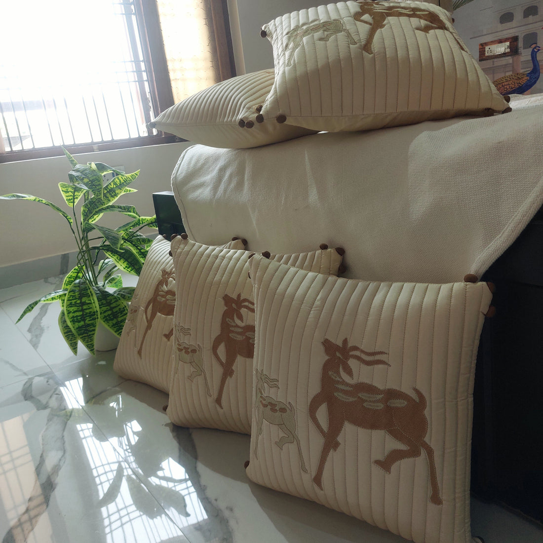 Ivory Gold Deer - Set of 5  Embroidered Silk quilted Cushion Covers