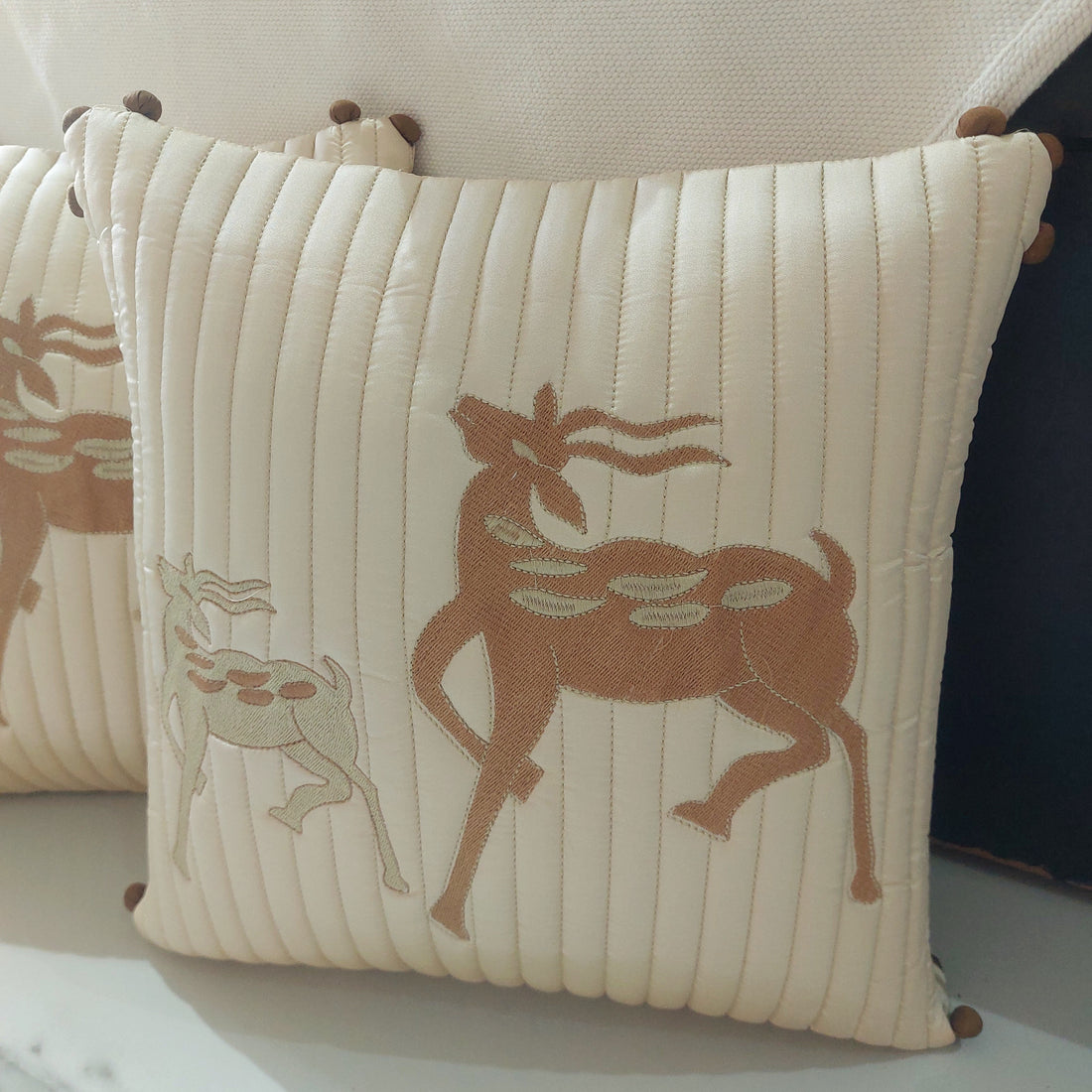 Ivory Gold Deer - Set of 5  Embroidered Silk quilted Cushion Covers