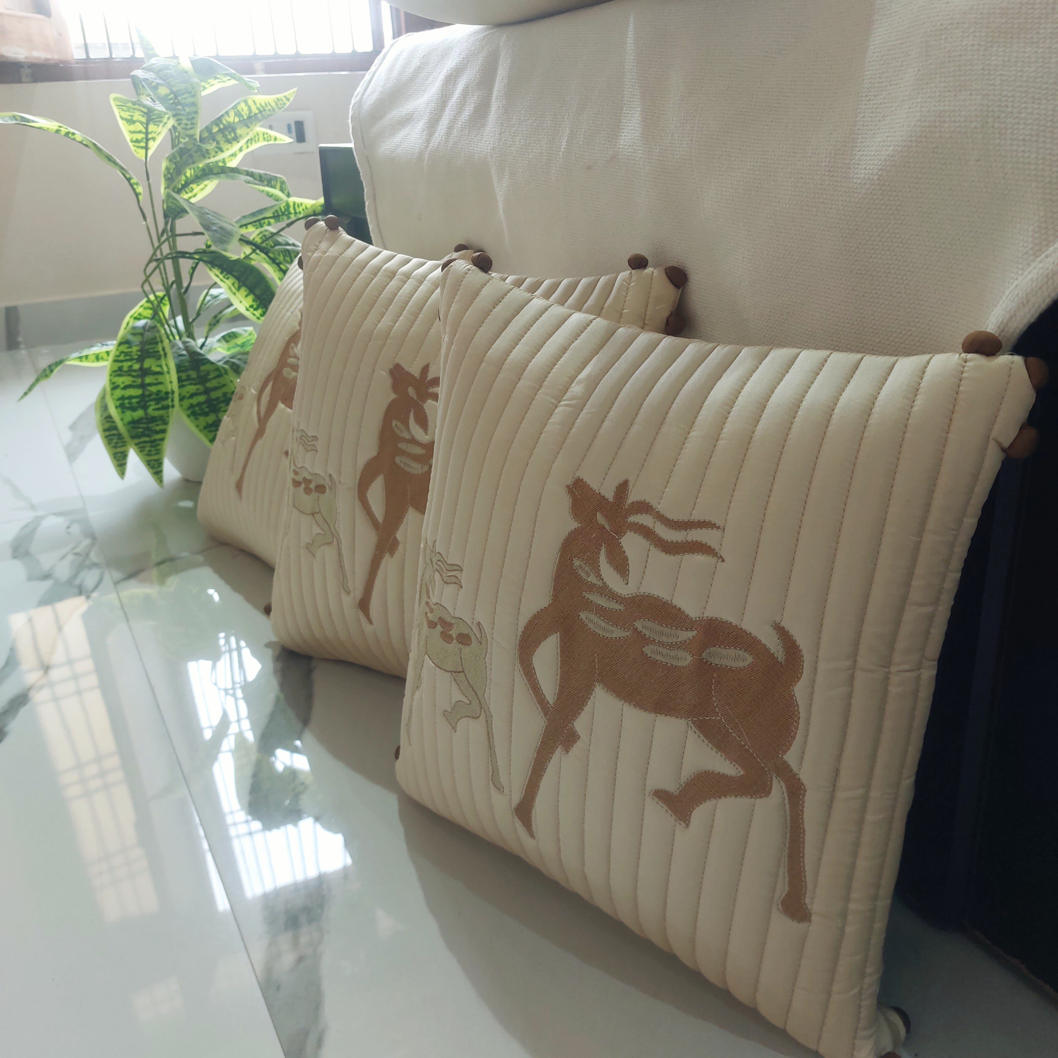 Ivory Gold Deer - Set of 5  Embroidered Silk quilted Cushion Covers