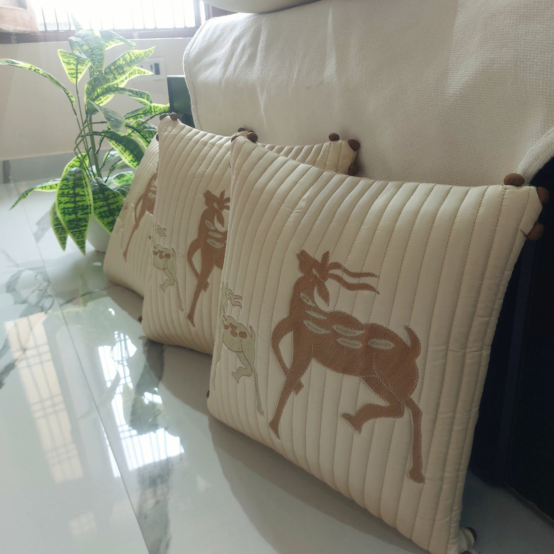 Ivory Gold Deer - Set of 5  Embroidered Silk quilted Cushion Covers