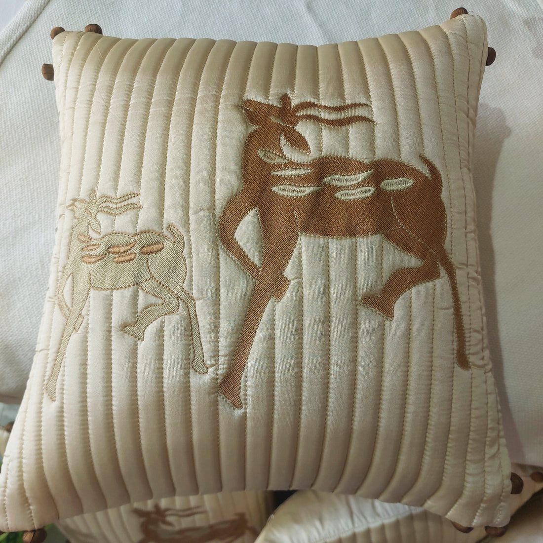 Ivory Gold Deer - Set of 5  Embroidered Silk quilted Cushion Covers