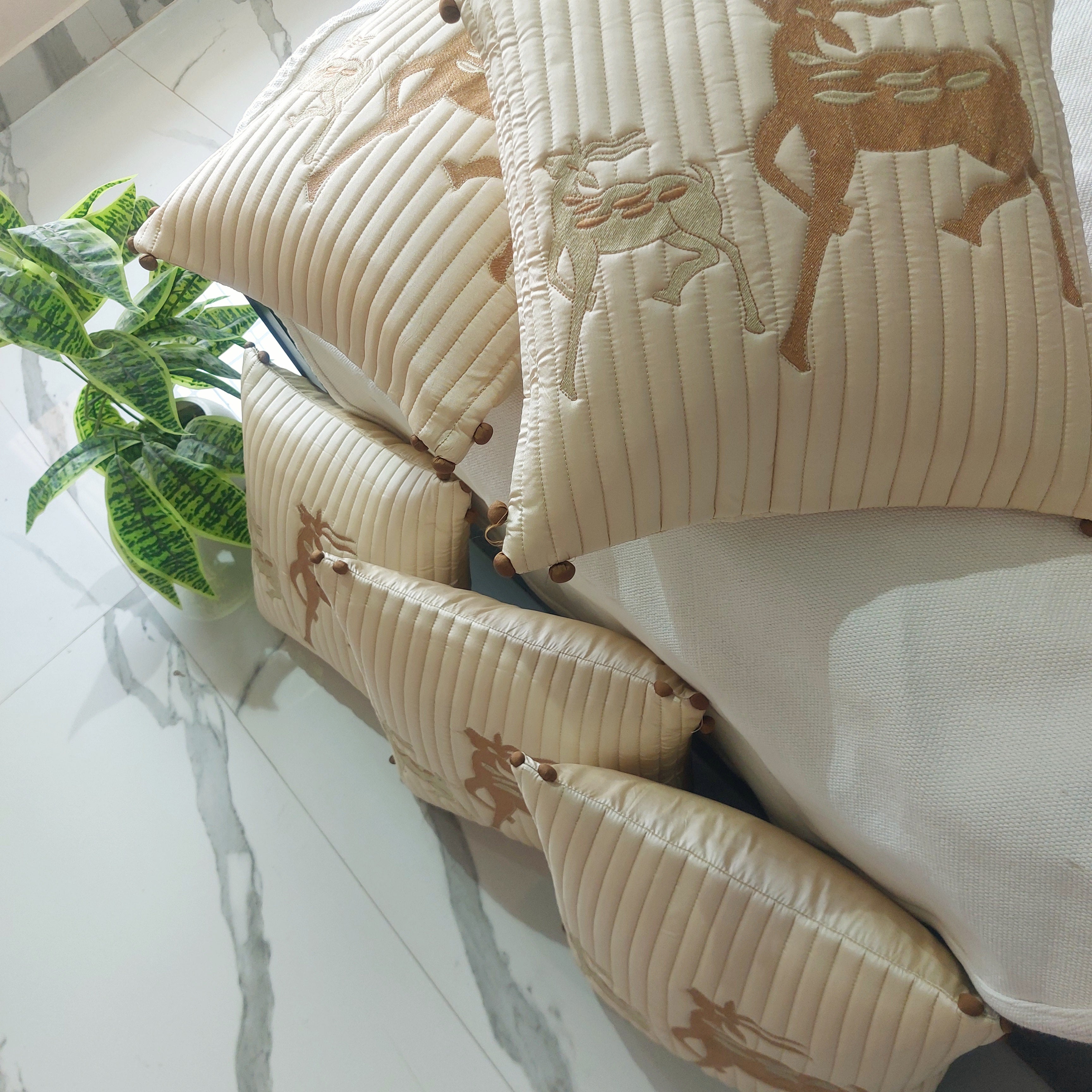 Ivory Gold Deer - Set of 5  Embroidered Silk quilted Cushion Covers