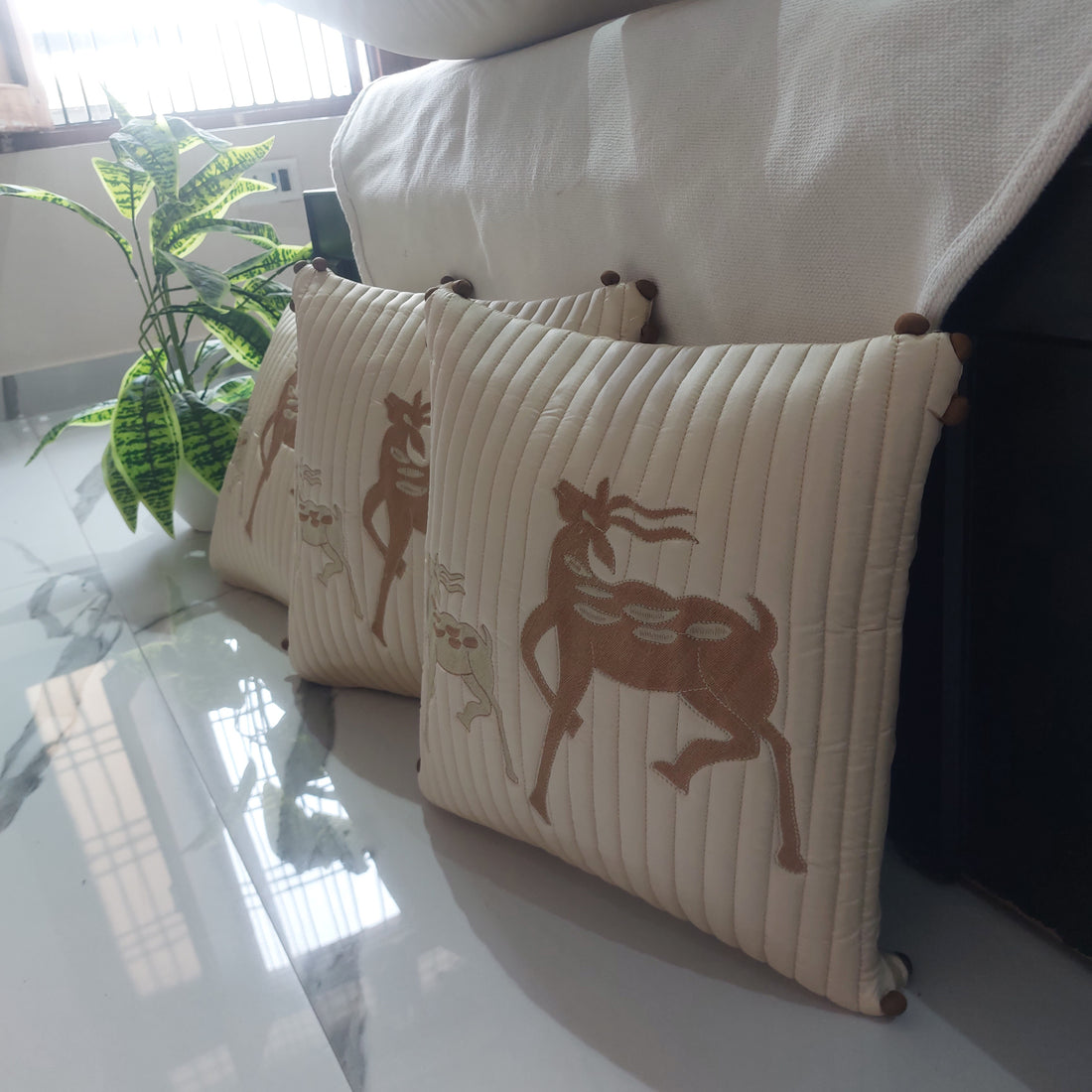 Ivory Gold Deer - Set of 5  Embroidered Silk quilted Cushion Covers