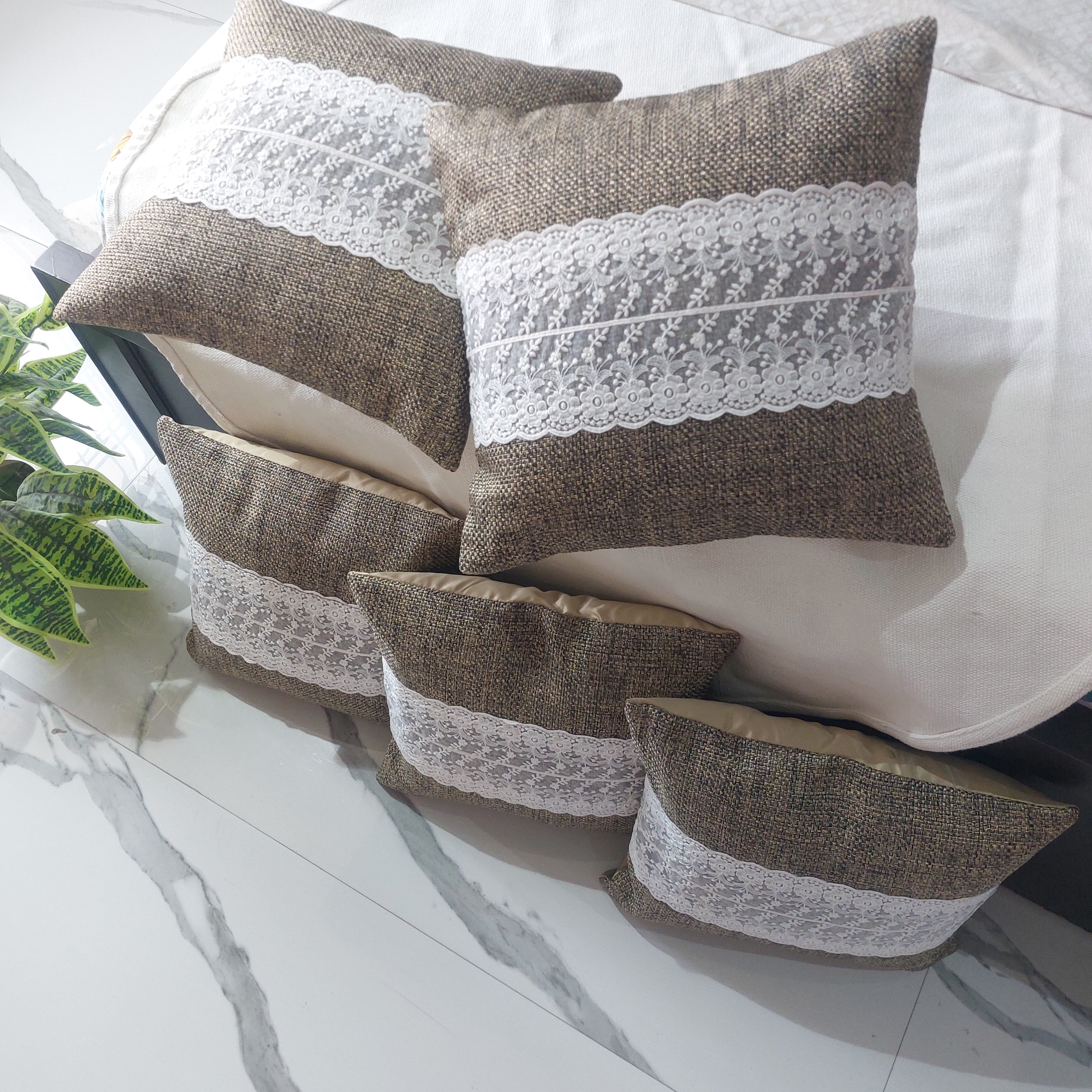 Brown Jute design with Lace - Set of 5 Cushion Covers