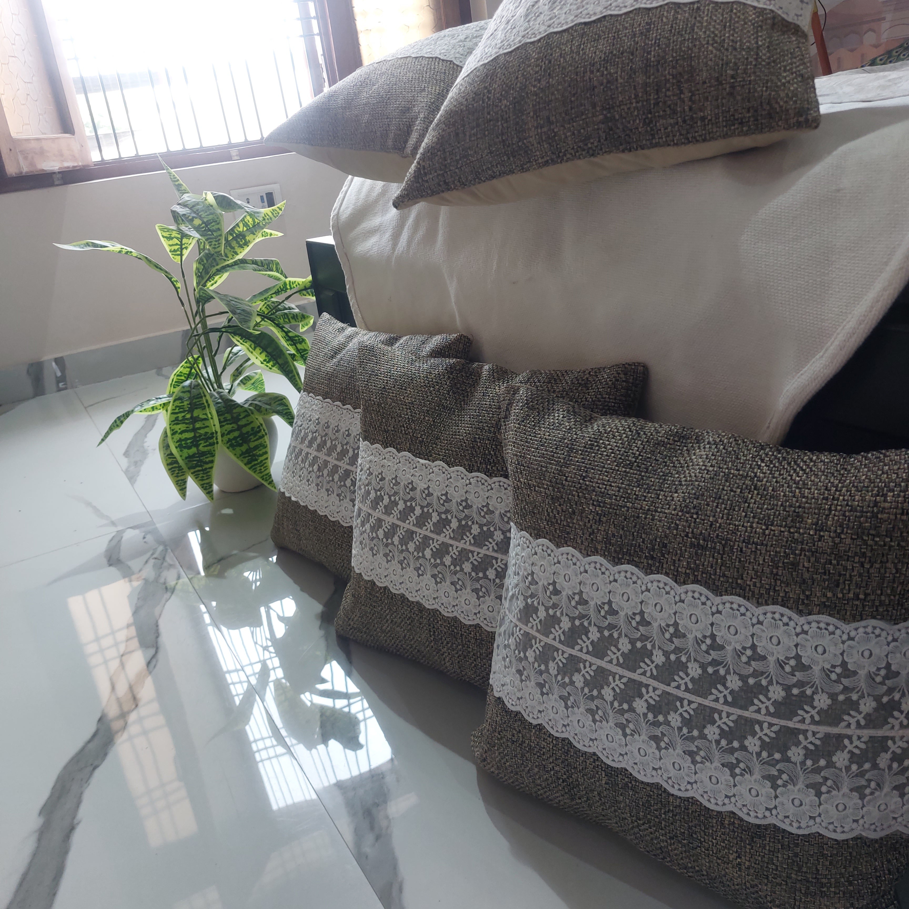 Brown Jute design with Lace - Set of 5 Cushion Covers