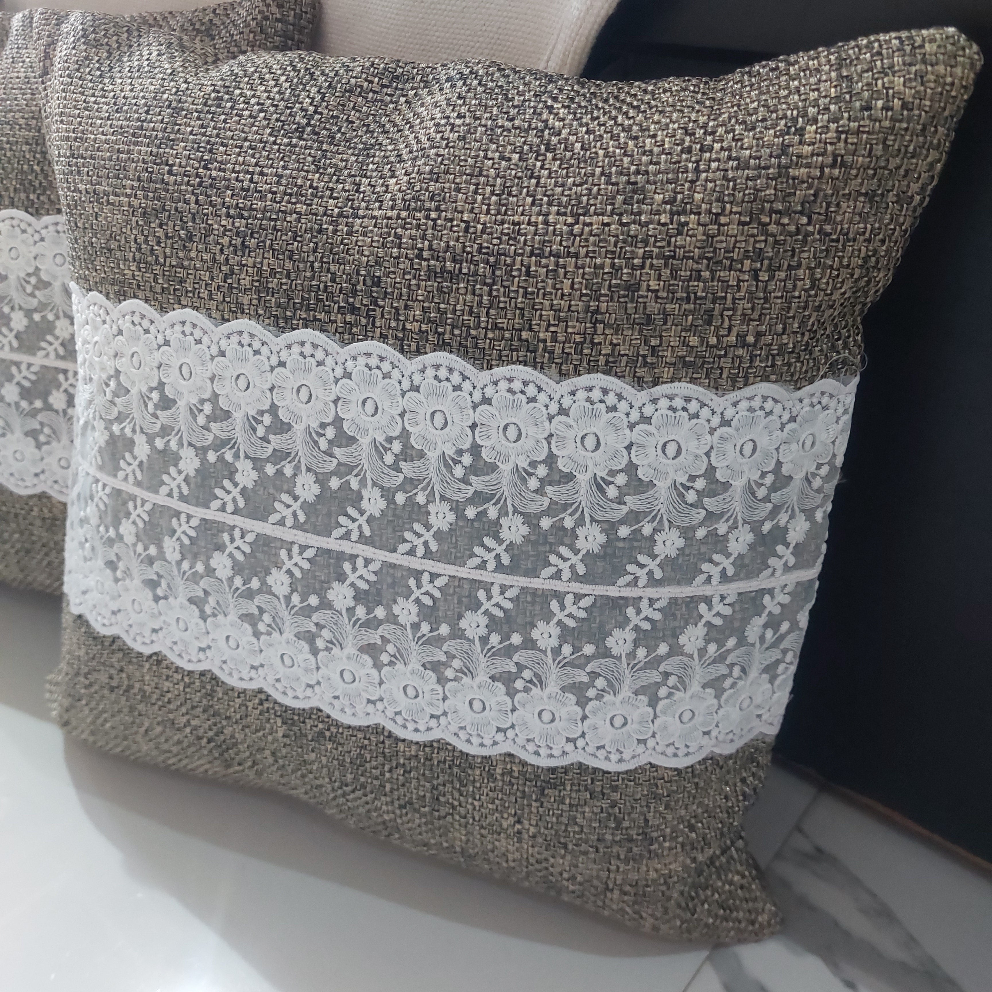 Brown Jute design with Lace - Set of 5 Cushion Covers