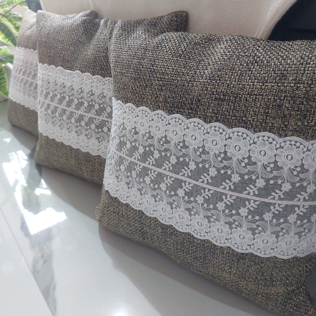 Brown Jute design with Lace - Set of 5 Cushion Covers