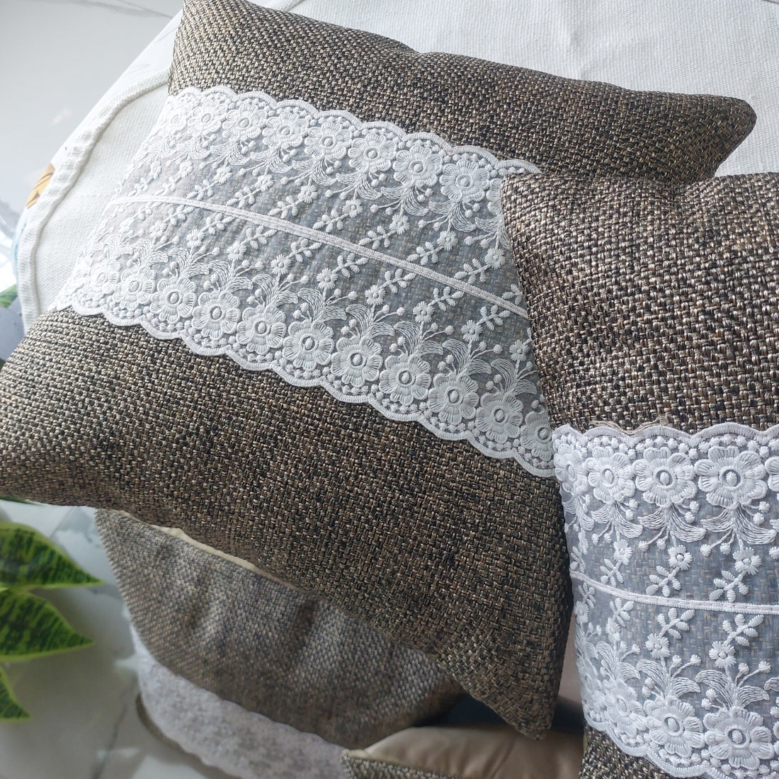 Brown Jute design with Lace - Set of 5 Cushion Covers