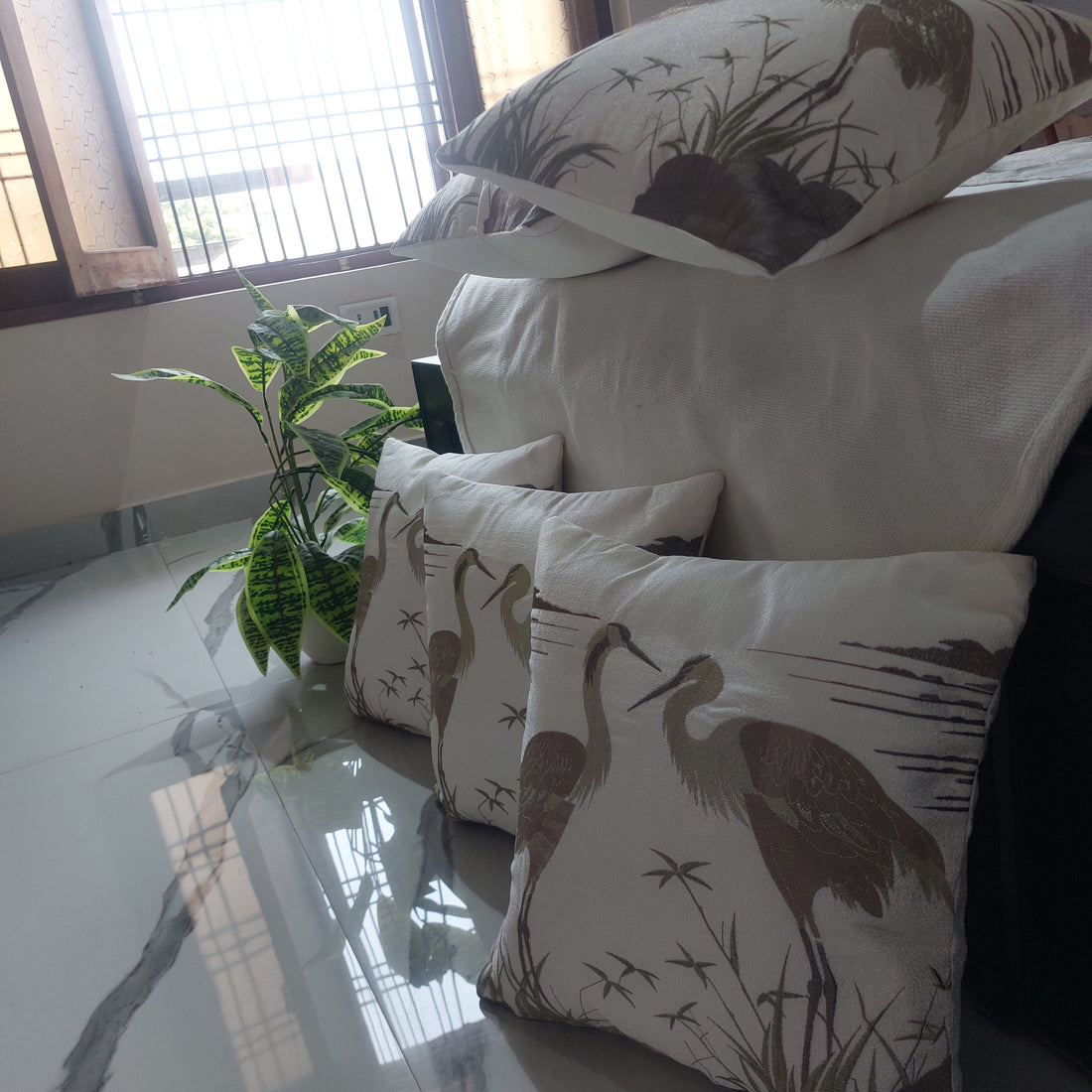 Saaras Embroidered Textured Silk - Set of 5  white Cushion Covers