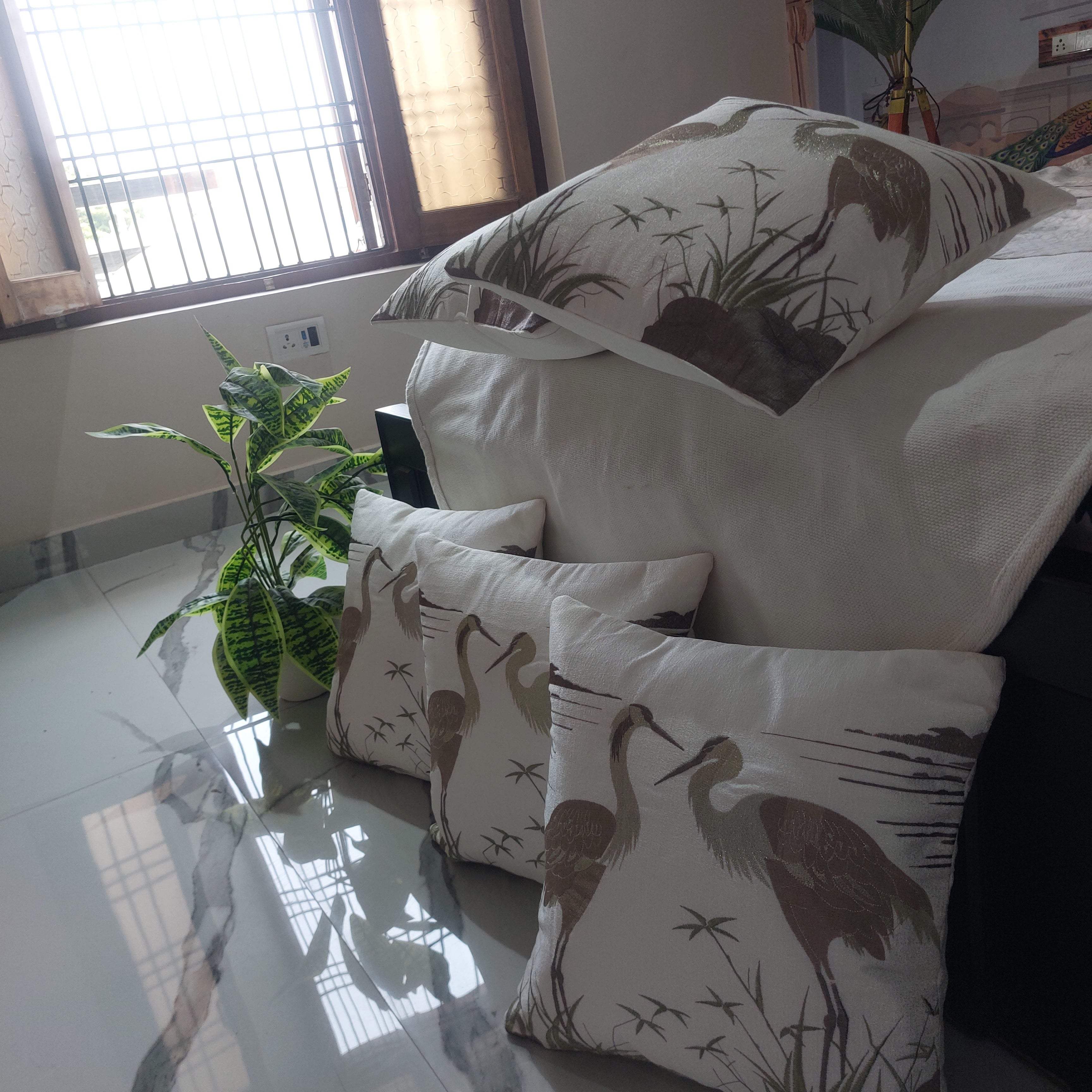 Saaras Embroidered Textured Silk - Set of 5  white Cushion Covers