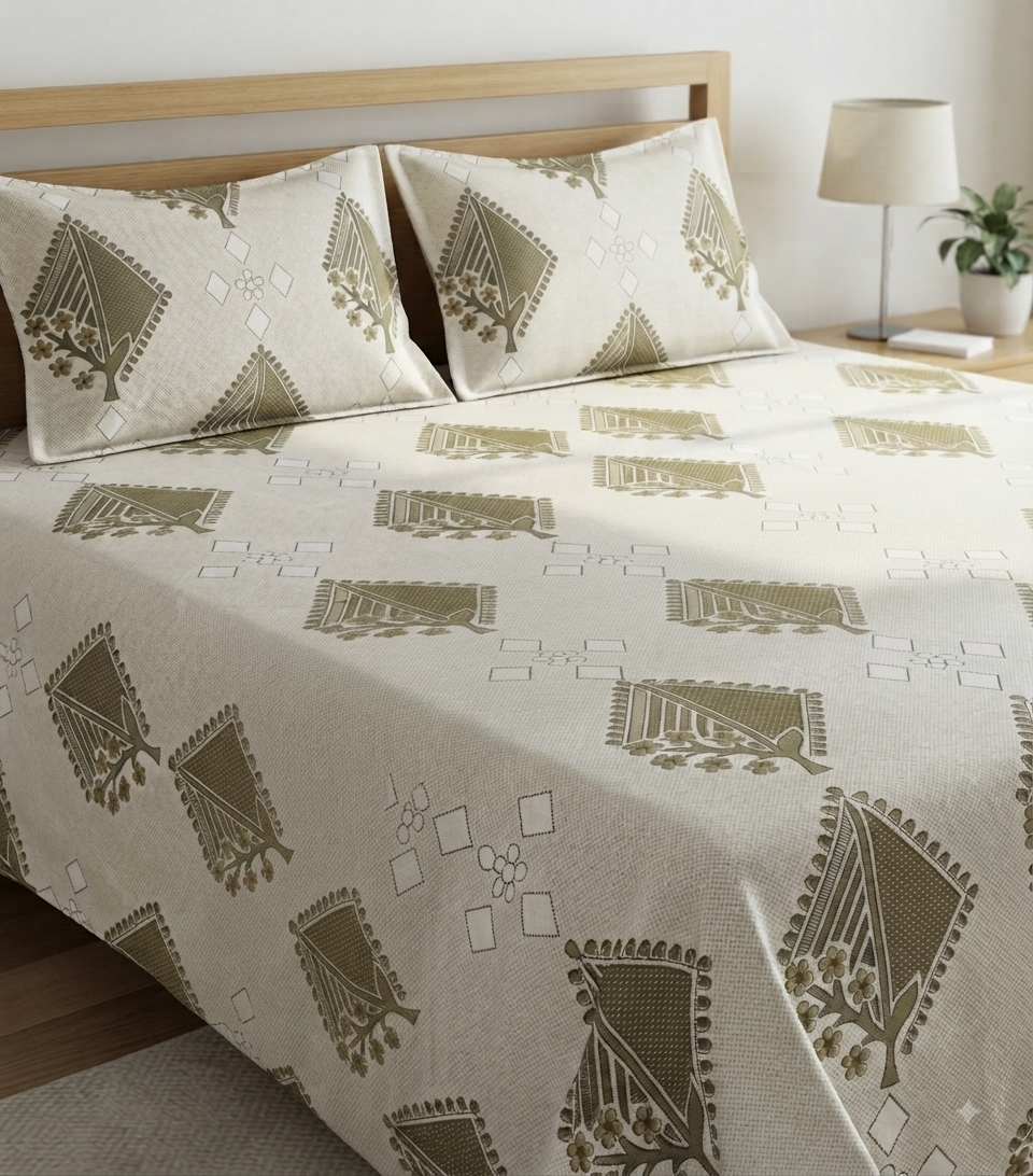 Olive Canopy - 100% Pure Cotton printed Bedsheet Set