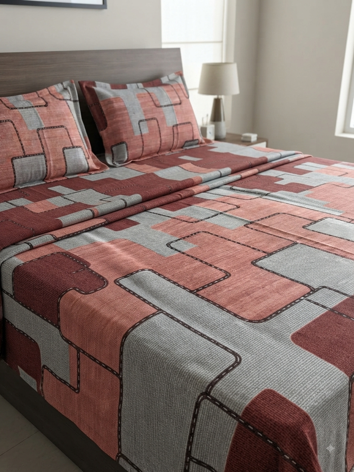 Terracotta Grid - 100% Cotton Bedsheet Set
