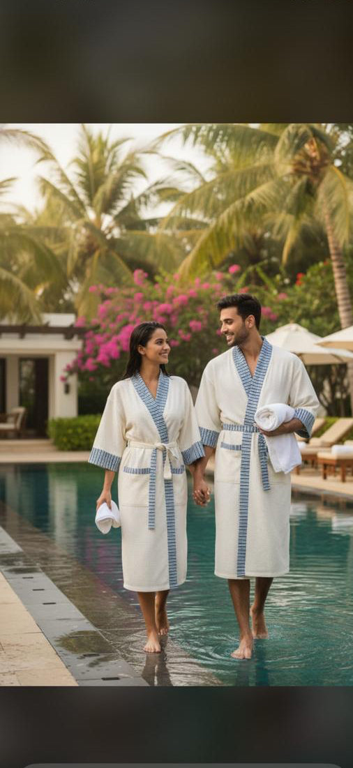 White with Stripes Border- Waffle cotton women Bathrobe