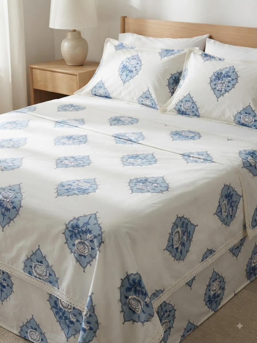 Blue Blossom - 100% Cotton printed Bedsheet Set