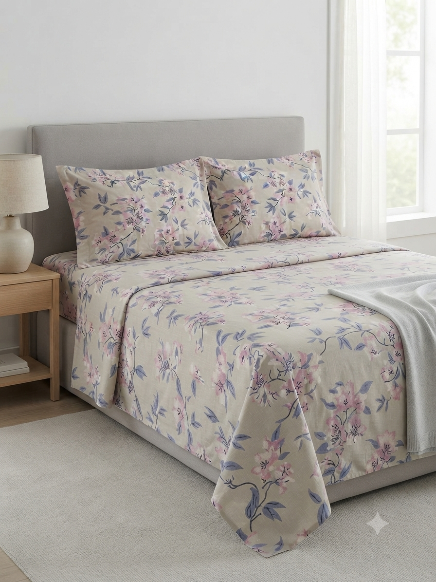 Blushing Blossom Pure Cotton Printed Bedsheet Set (Copy 2)