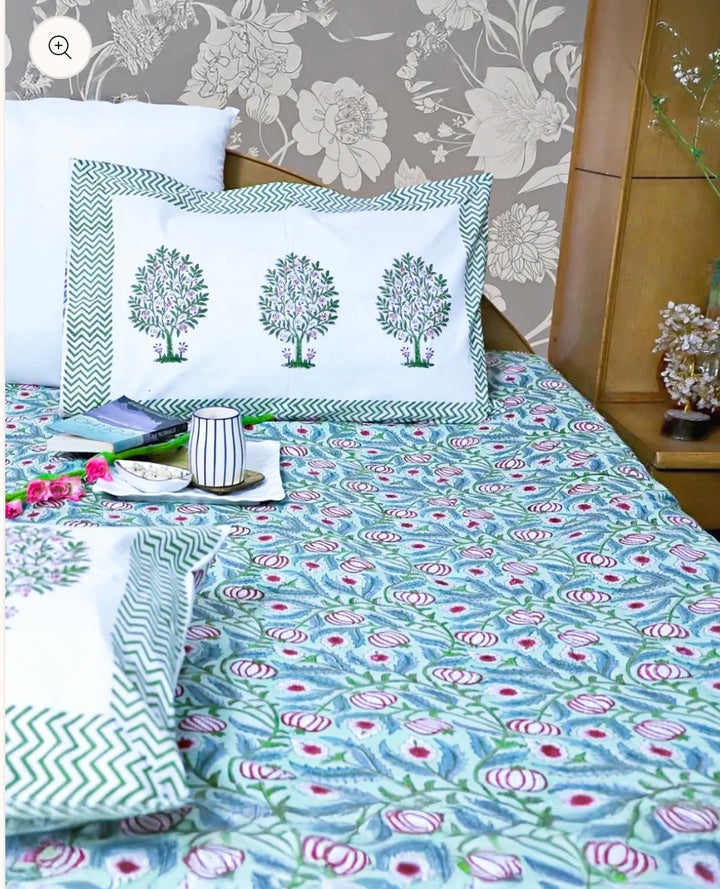Mint Green Floral- Handblock Print Percale Cotton Bedsheet Set