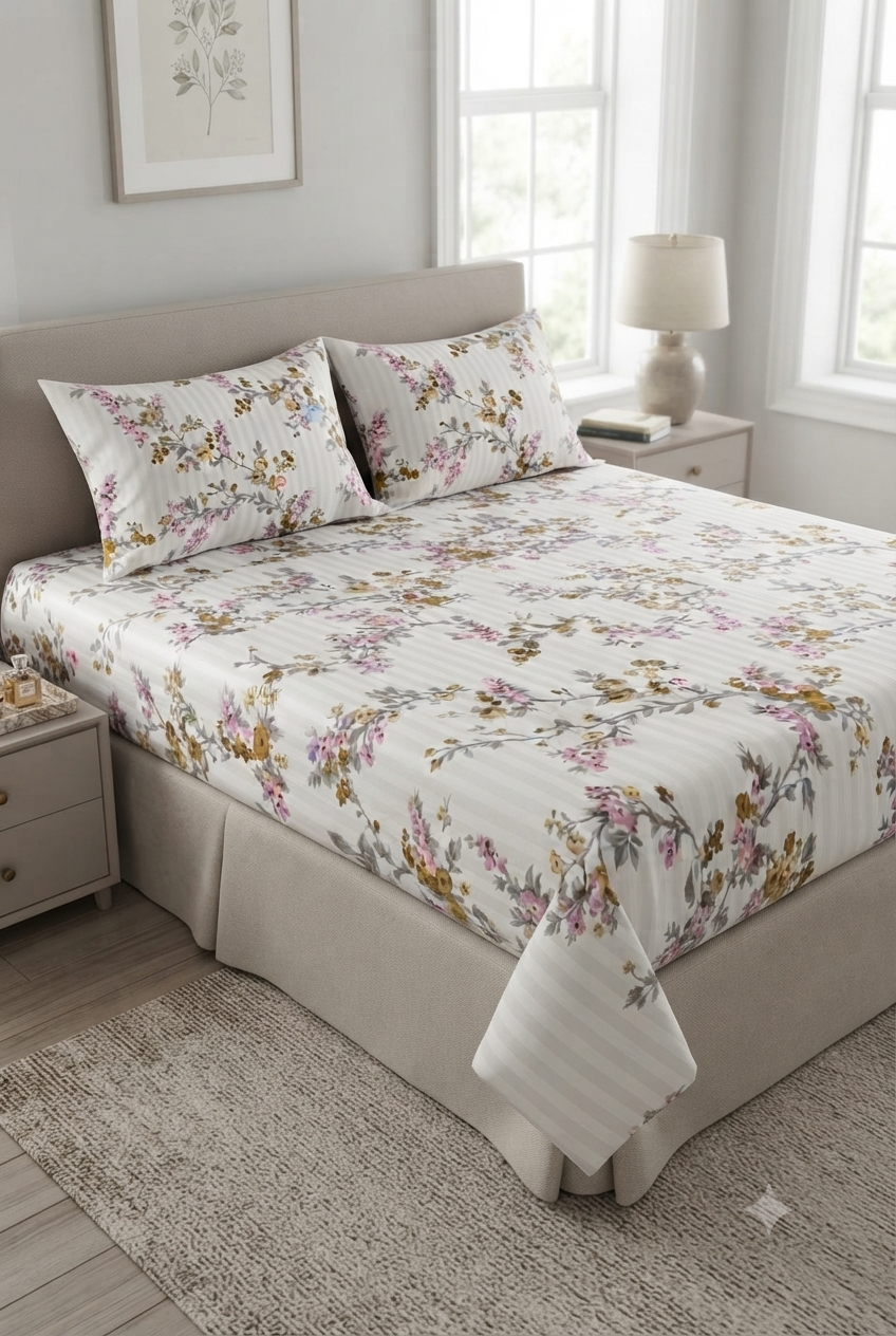 Blossom Stripe Pure Cotton Printed Bedsheet Set (Copy)