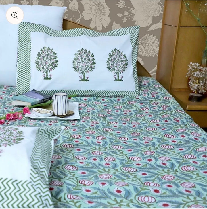 Mint Green Floral- Handblock Print Percale Cotton Bedsheet Set