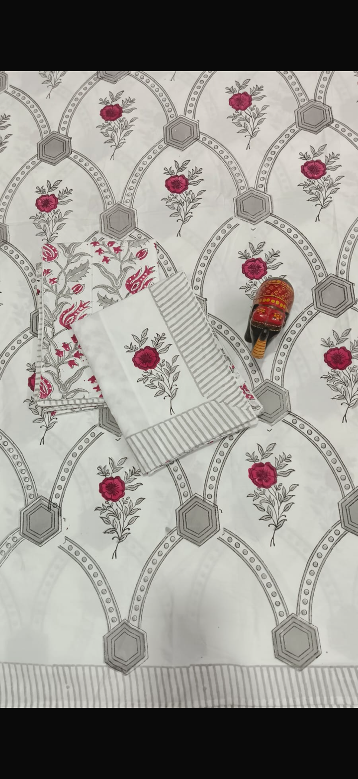 Vintage Grey n Red - Handblock Print Percale Cotton  Super king Bedsheet Set