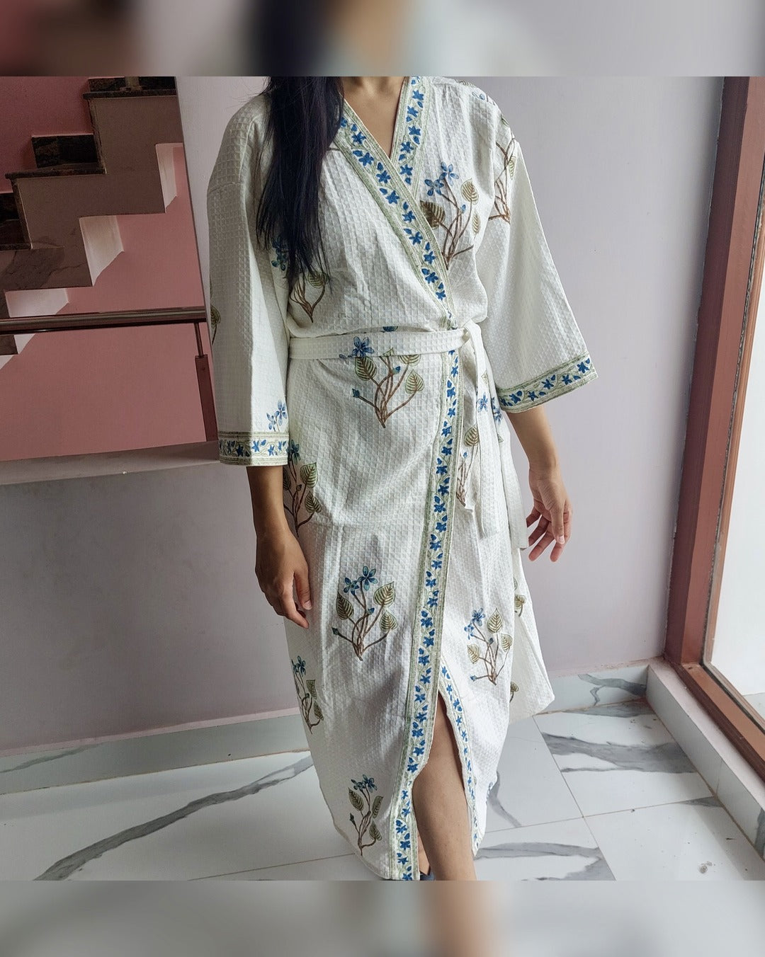 Blue Bloom - Cotton Waffle women Bathrobe The Cotton Stories