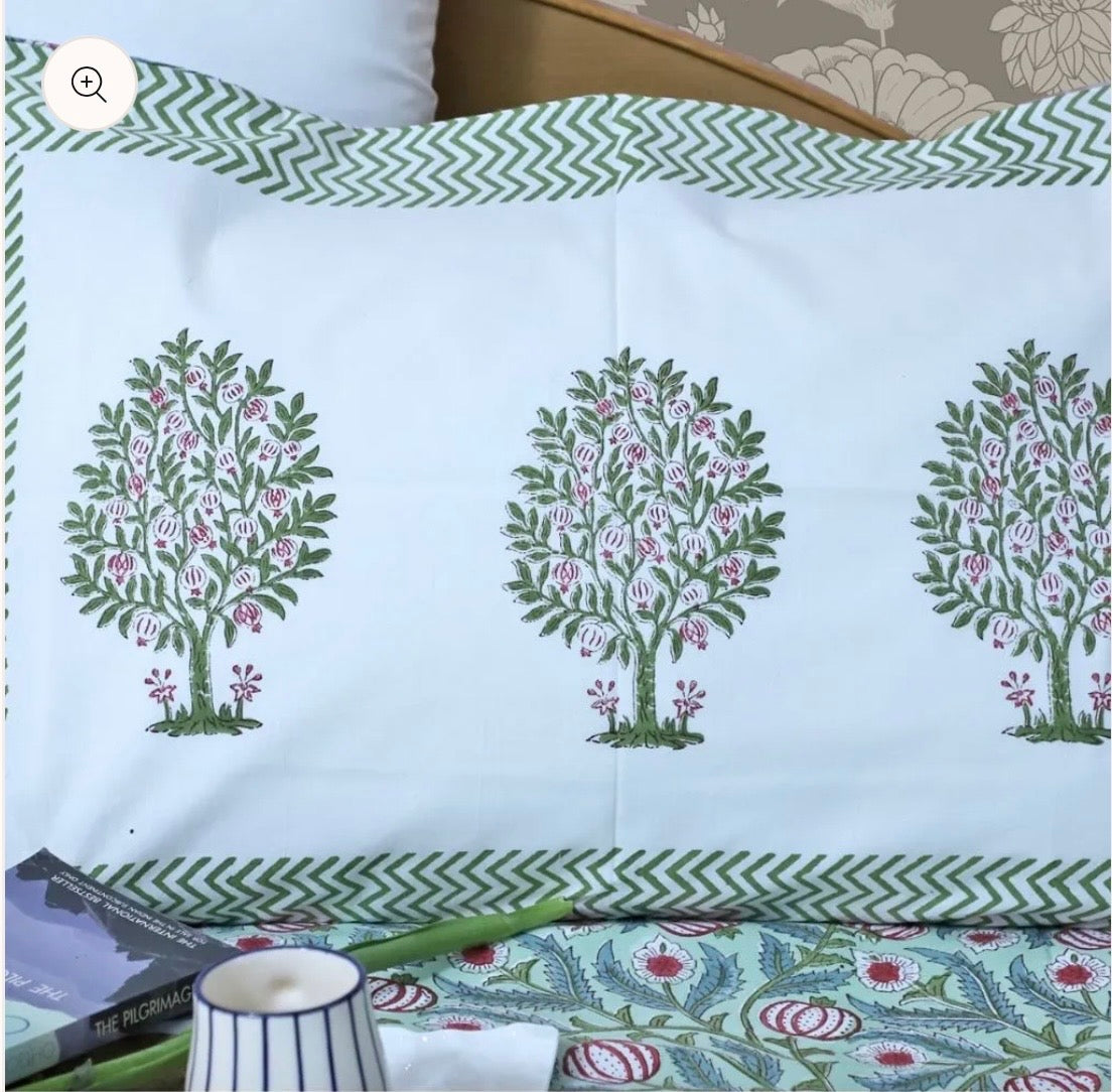Mint Green Floral- Handblock Print Percale Cotton Bedsheet Set