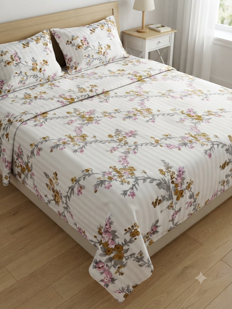 Blossom Stripe Pure Cotton Printed Bedsheet Set (Copy)