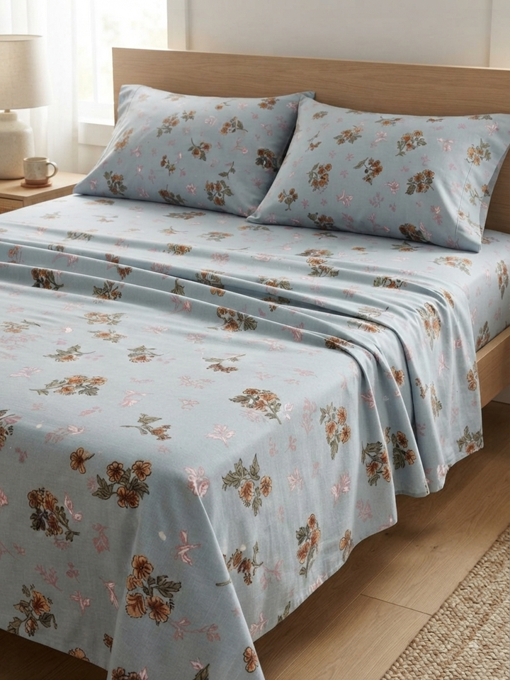 Vintage Blue Meadow - Pure Cotton printed Bedsheet Set