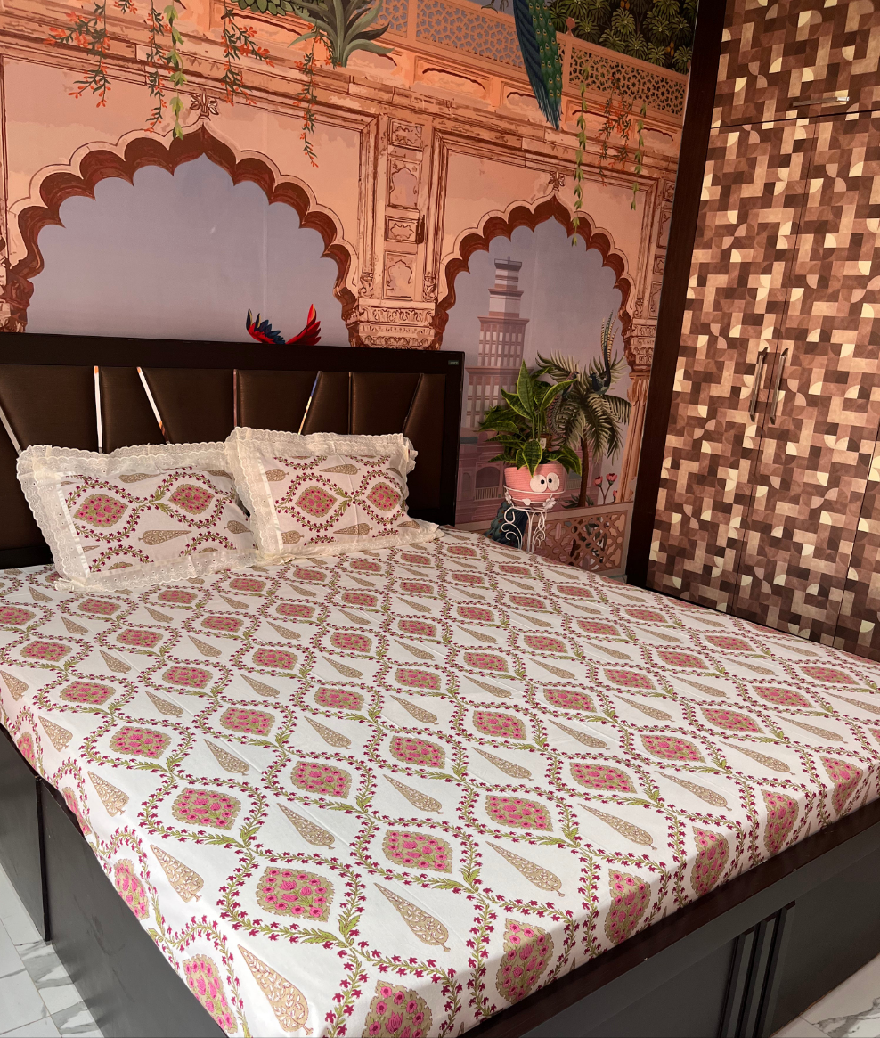 Mewar Motifs - Lace Designed Pure Cotton Bedsheet Set