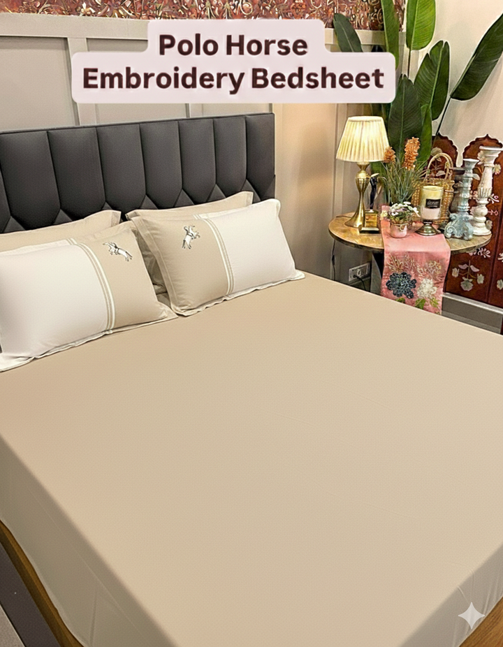 Polo Horse embroidered Bedsheet set (Beige)