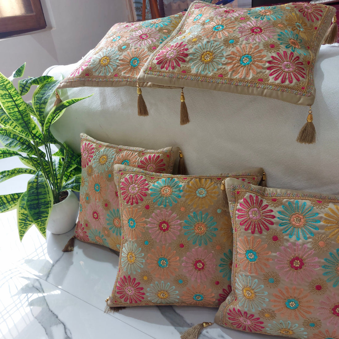 Royal Floral Garden - Set of 5 Sequins Embroidered Cushion Covers