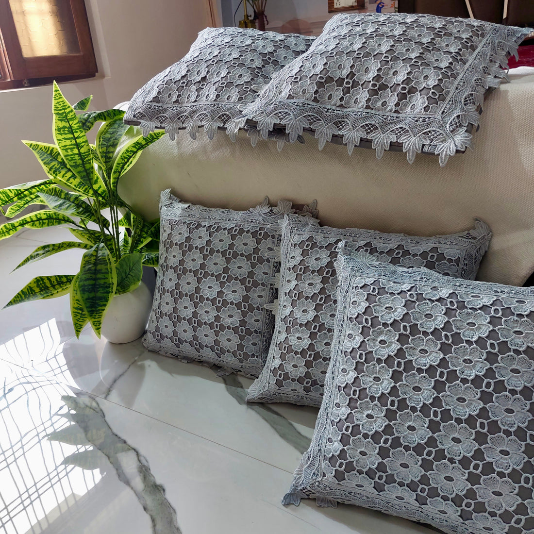 Grey Floral design - Set of 5 Lace Cushion Covers