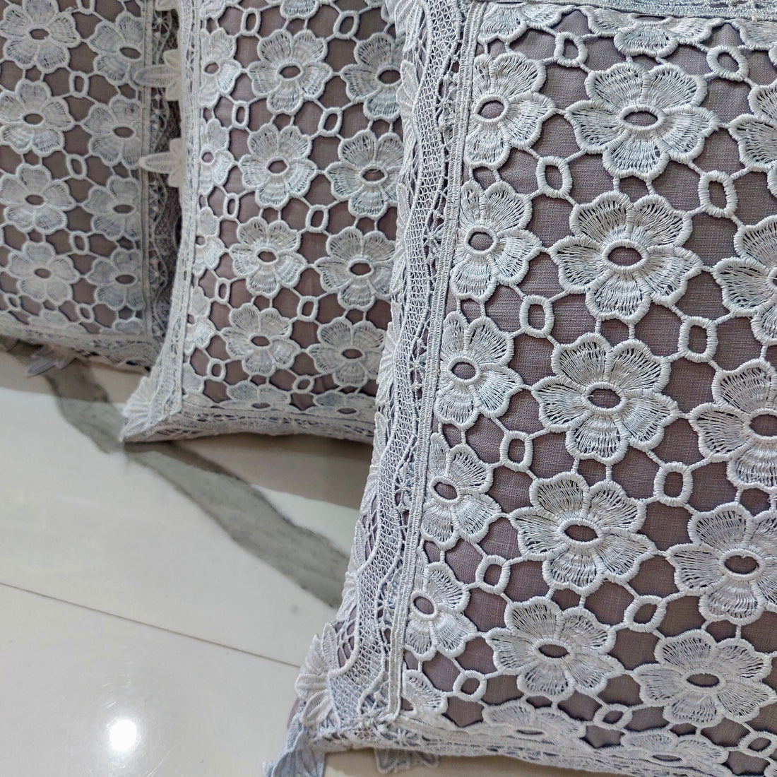 Grey Floral design - Set of 5 Lace Cushion Covers