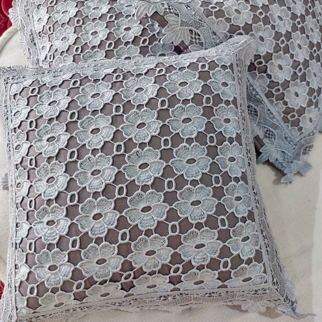 Grey Floral design - Set of 5 Lace Cushion Covers