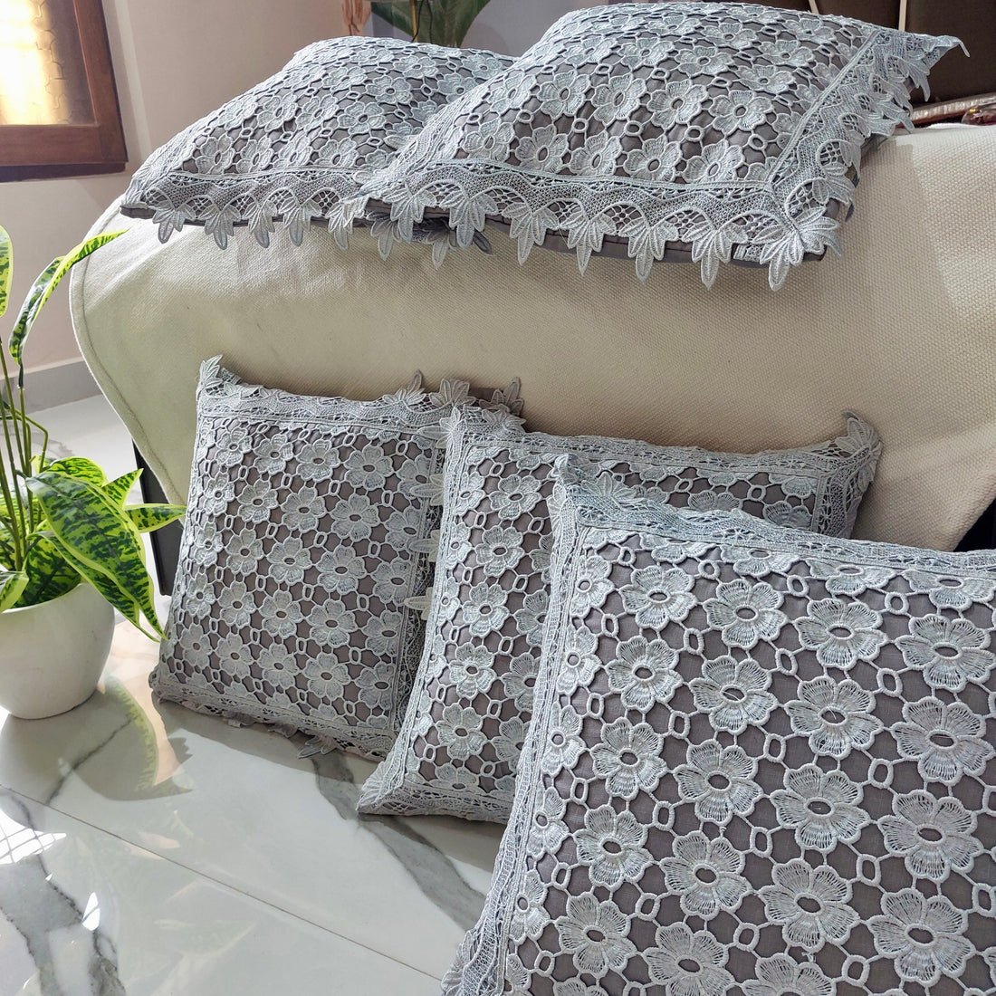 Grey Floral design - Set of 5 Lace Cushion Covers