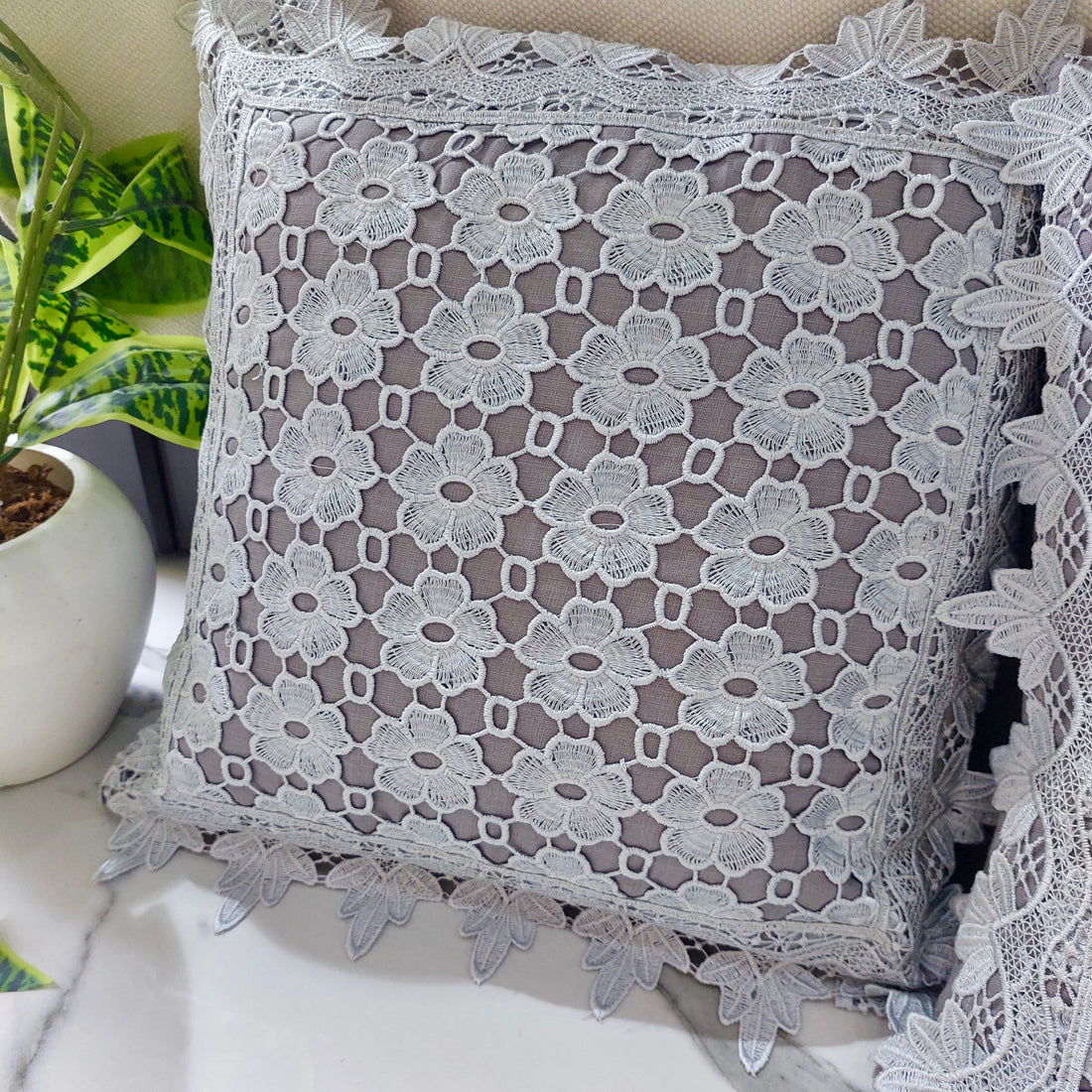 Grey Floral design - Set of 5 Lace Cushion Covers