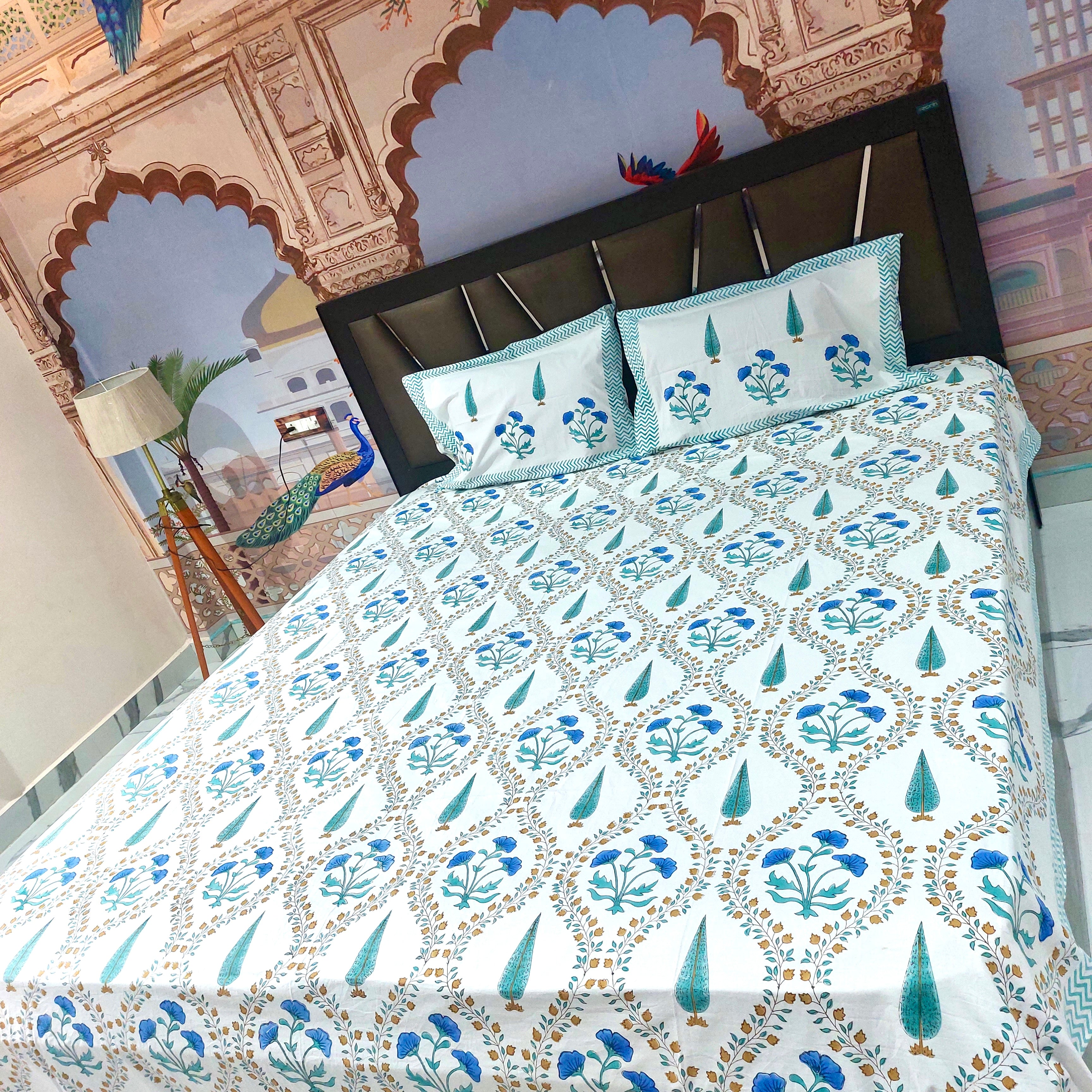 Colors Of Peacock - Handblock Print Percale Cotton Bedsheet Set