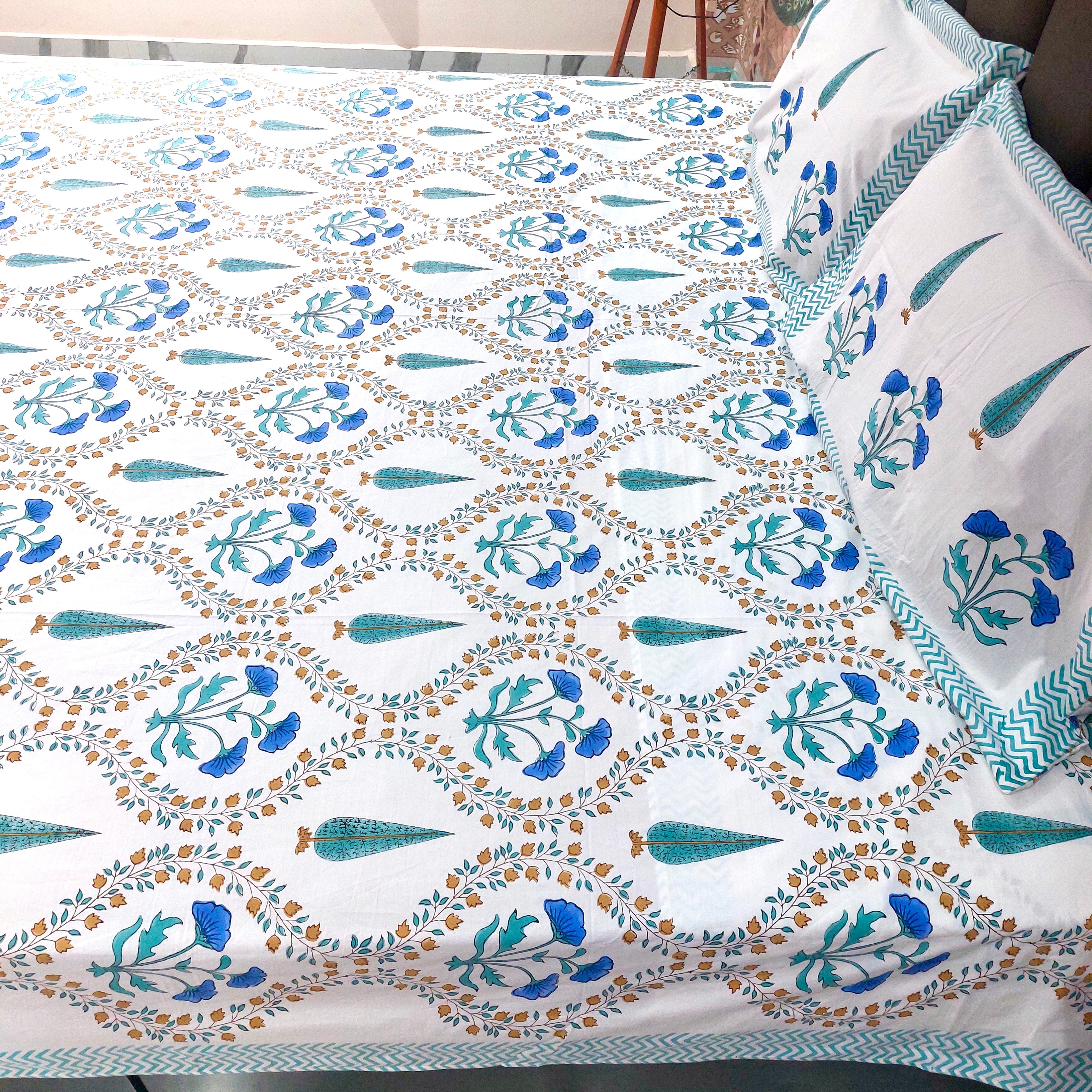 Colors Of Peacock - Handblock Print Percale Cotton Bedsheet Set