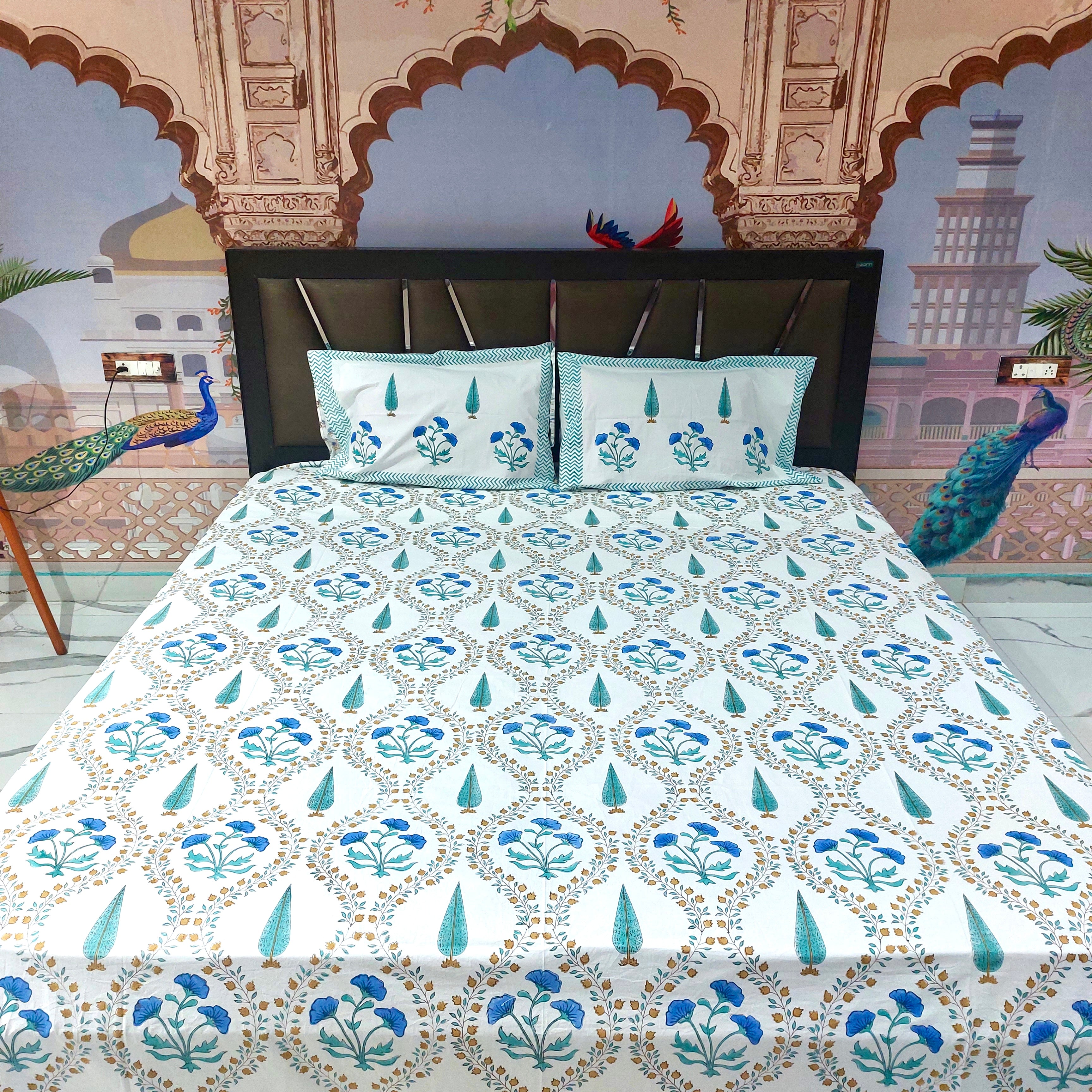 Colors Of Peacock - Handblock Print Percale Cotton Bedsheet Set