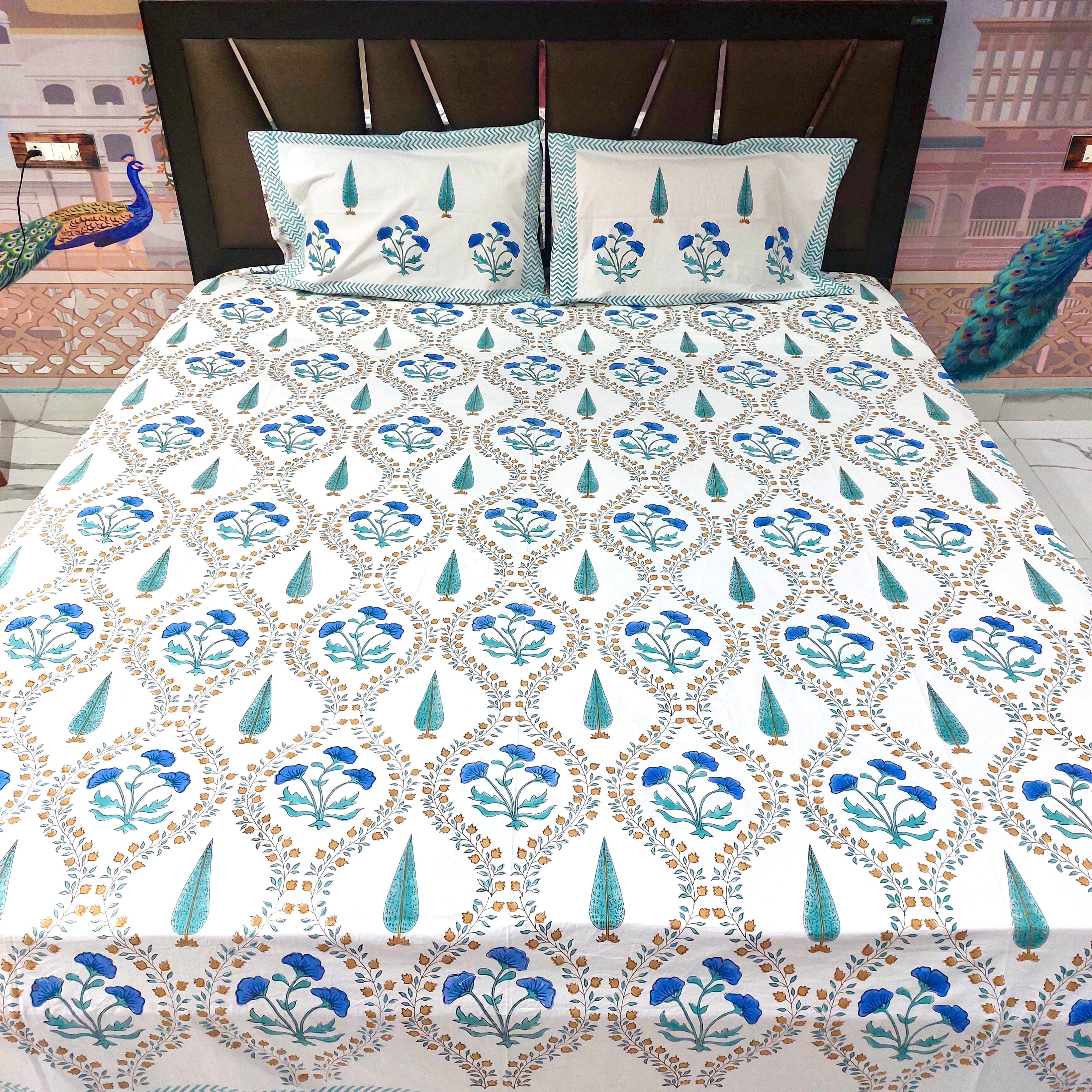 Colors Of Peacock - Handblock Print Percale Cotton Bedsheet Set