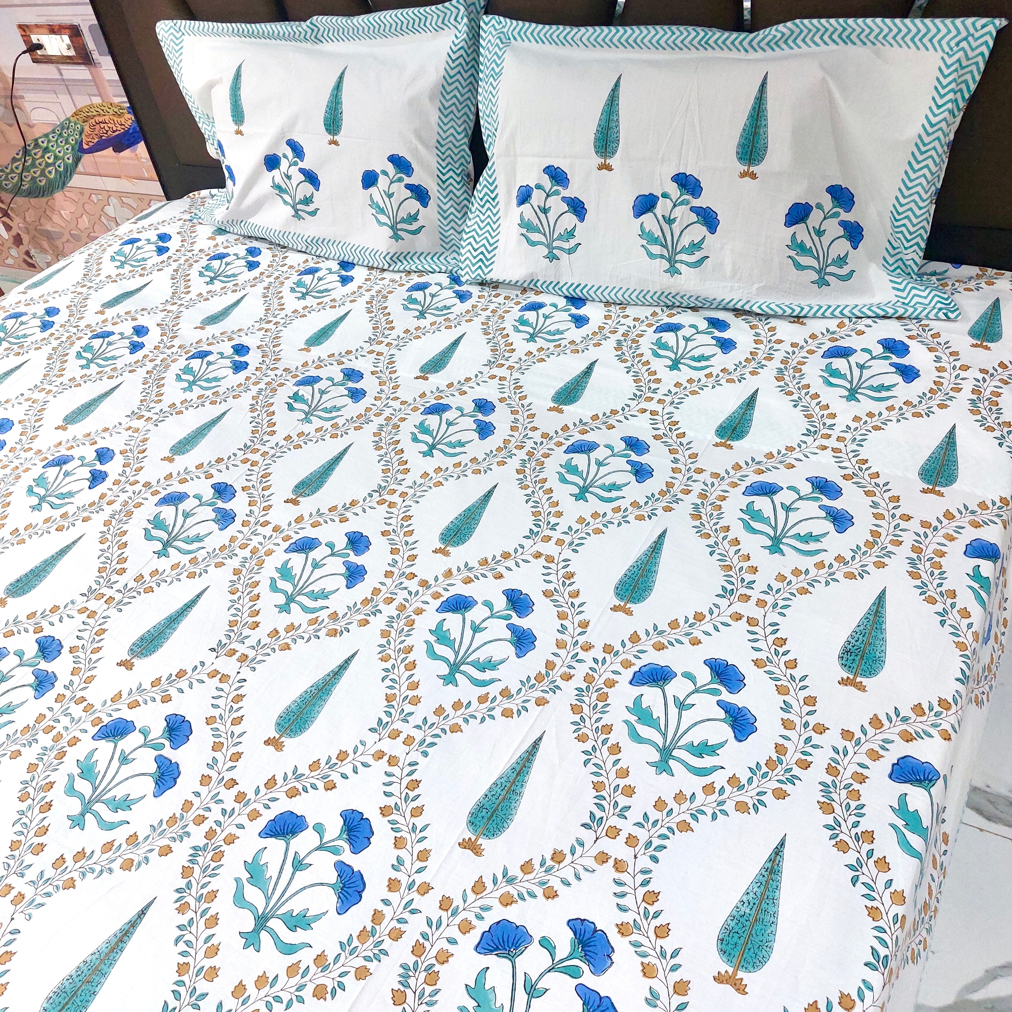 Colors Of Peacock - Handblock Print Percale Cotton Bedsheet Set