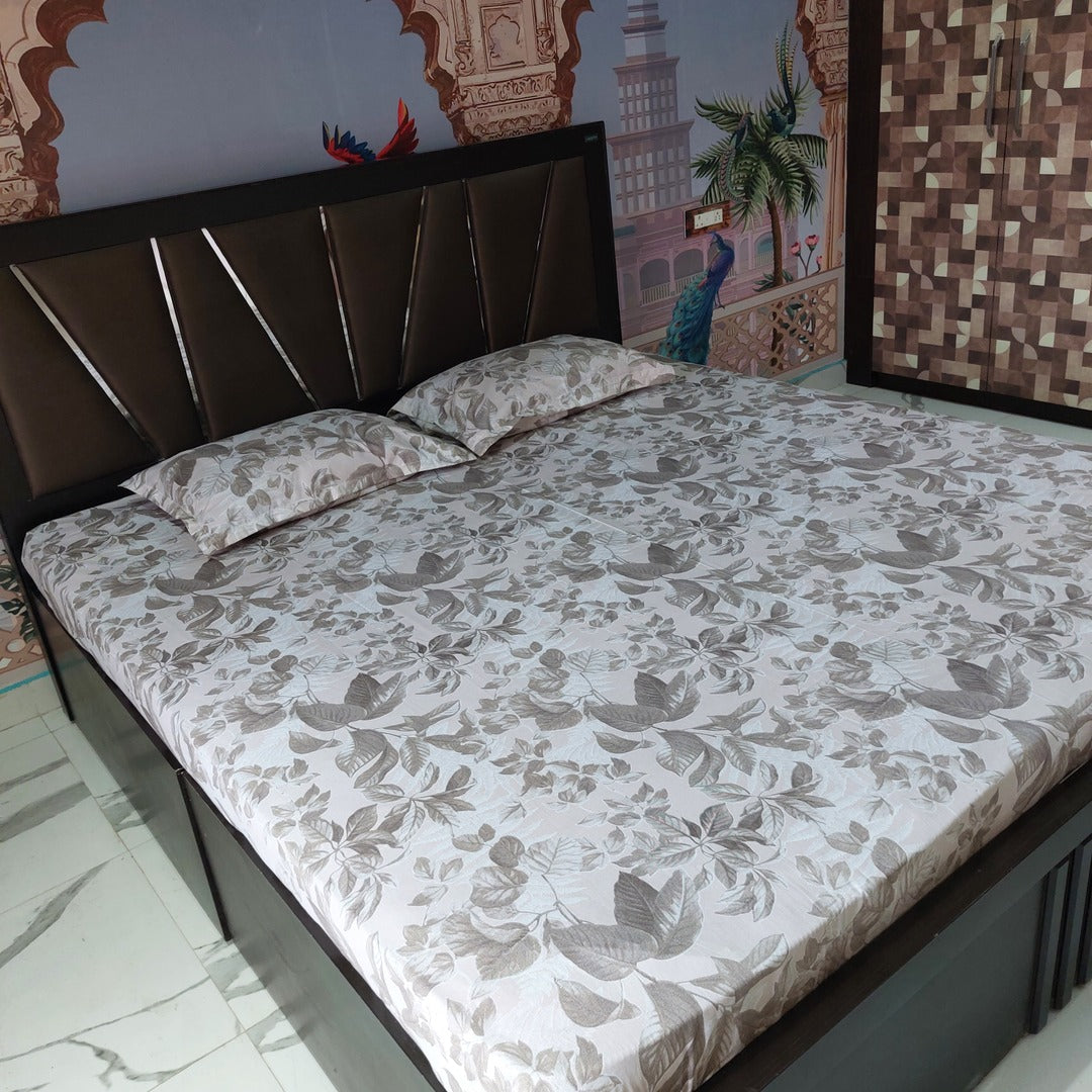 Leaf With Peach Begie - 100% Cotton Bedsheet Set The Cotton Stories