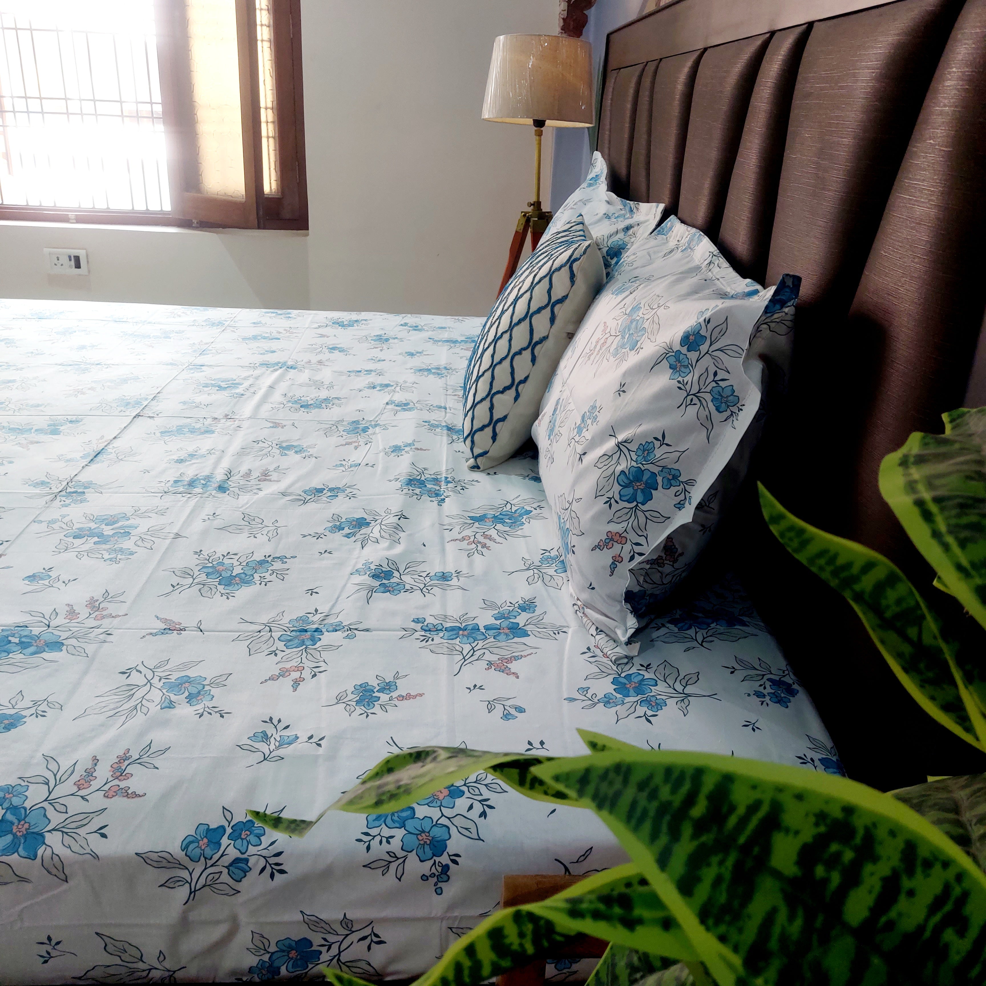 White n Blue Floral- Pure Cotton Bedsheet Set